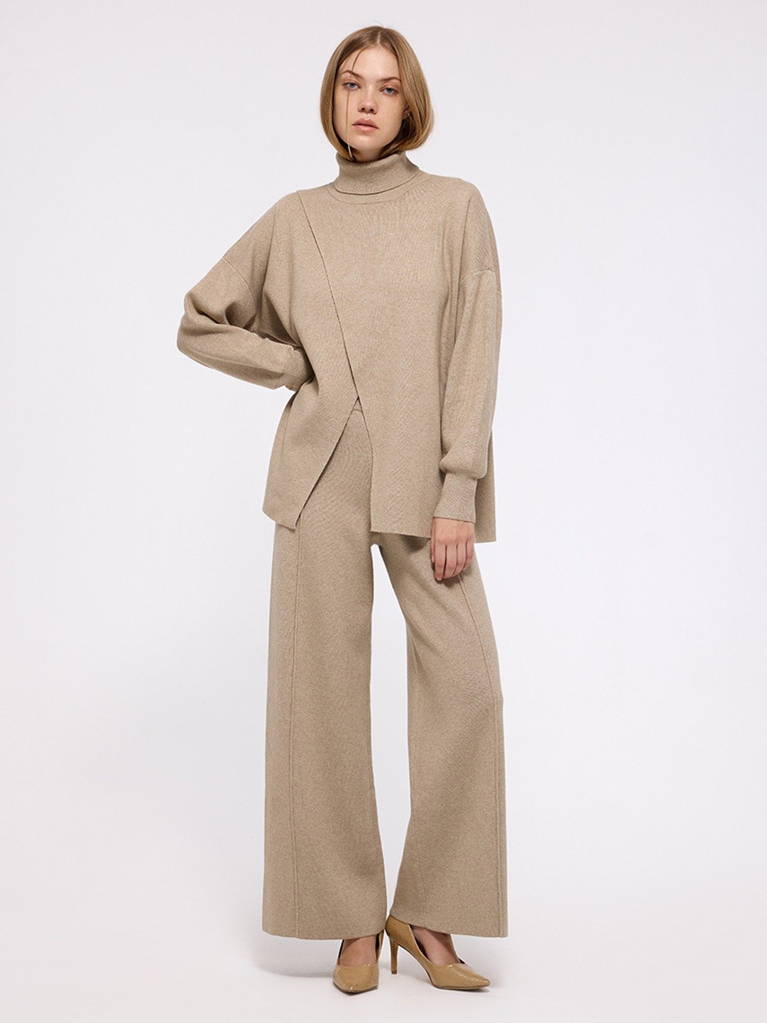 Beige Long Front Slit Sweater
