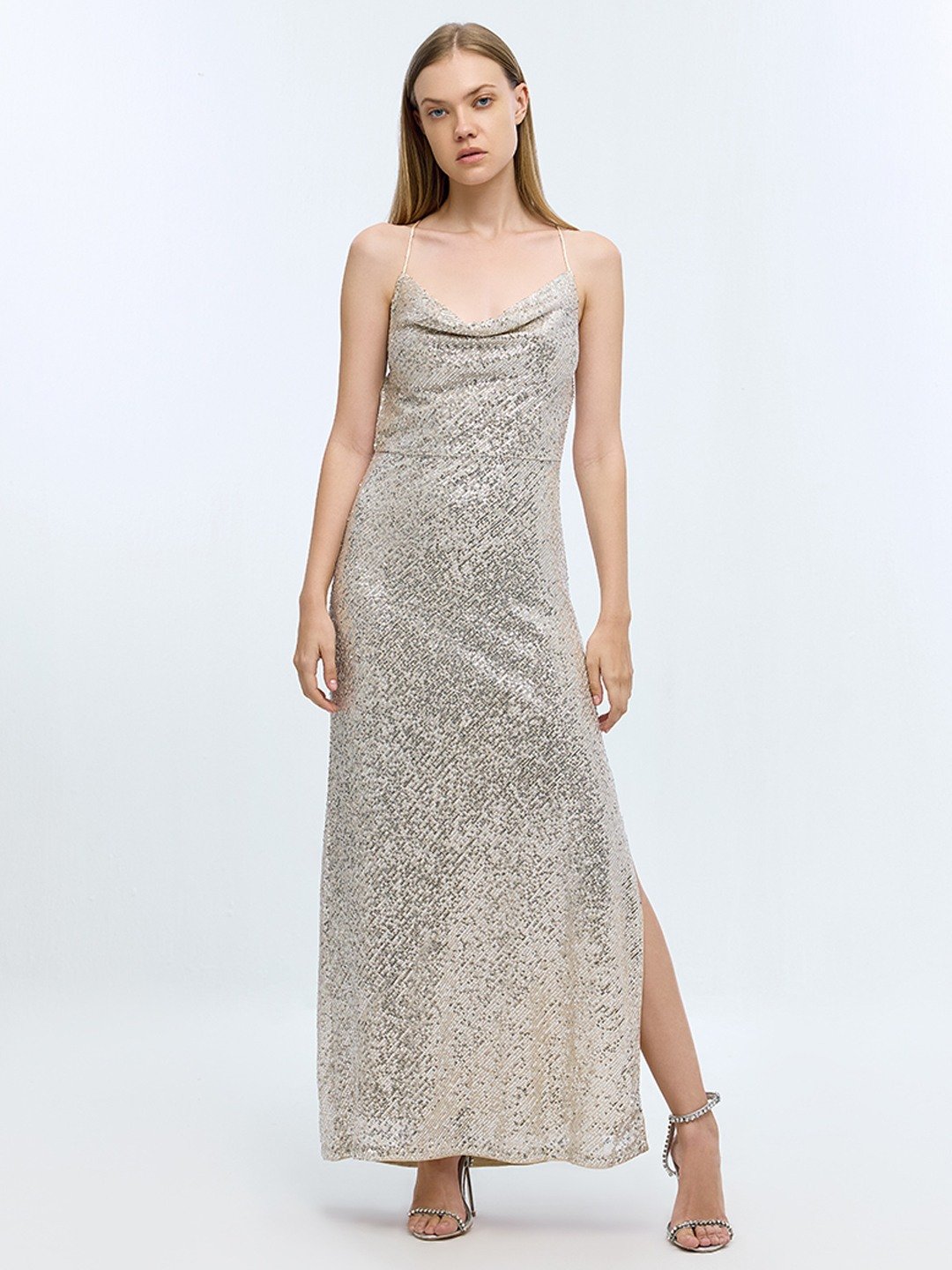 Long Sequin Dress With Cowl Back