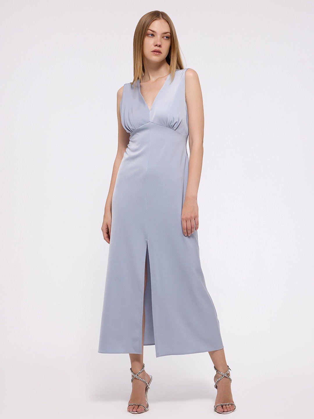 Blue Satin Front Slit Dress