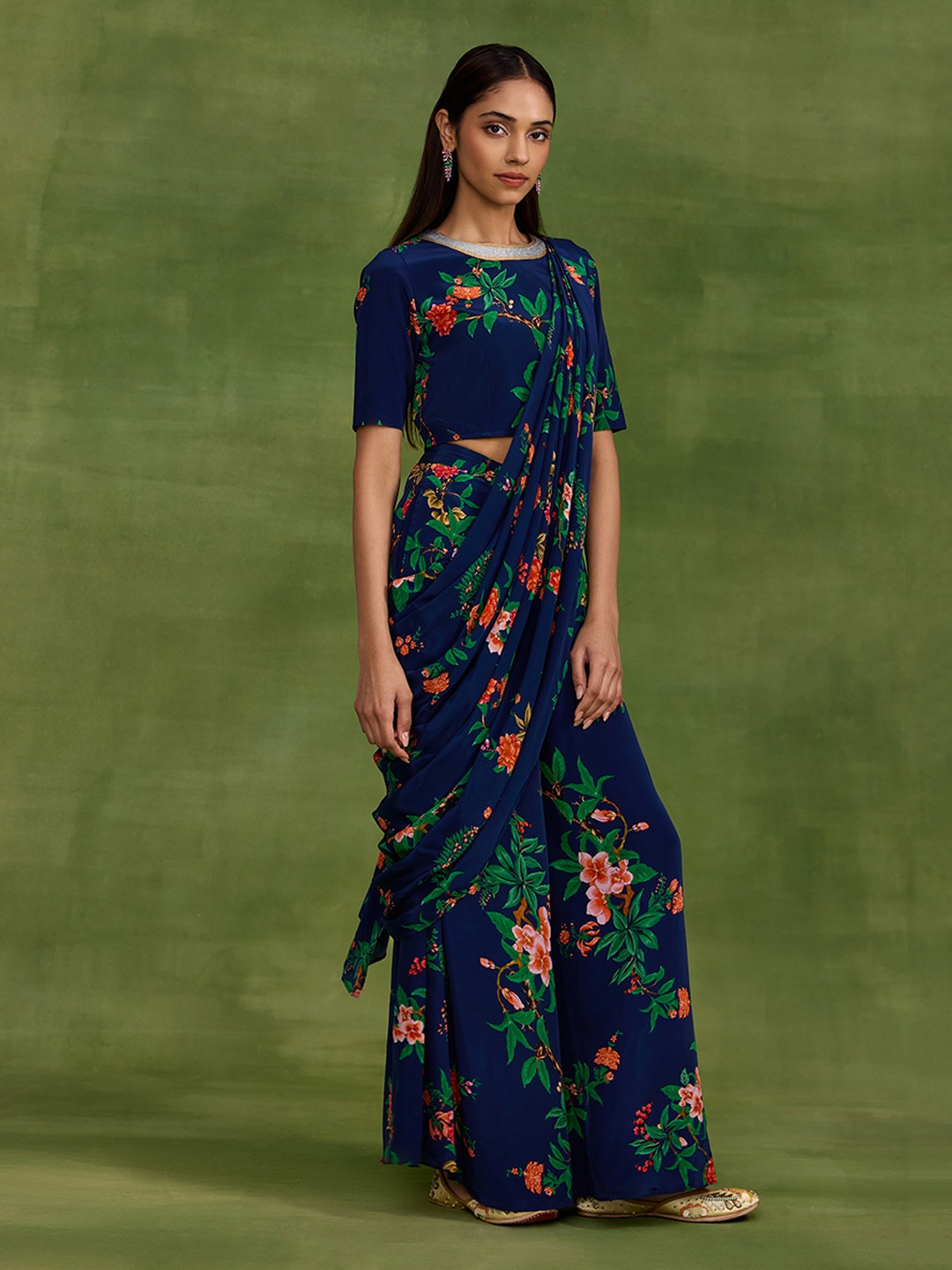 Chinoiserie Blue Pre Drape Saree