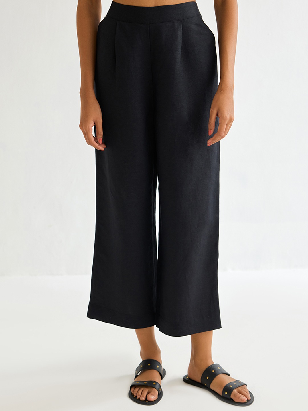 Black Linen Straight Trouser