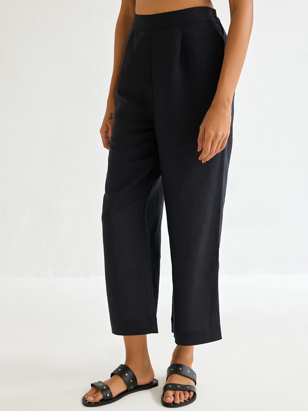 Black Linen Straight Trouser