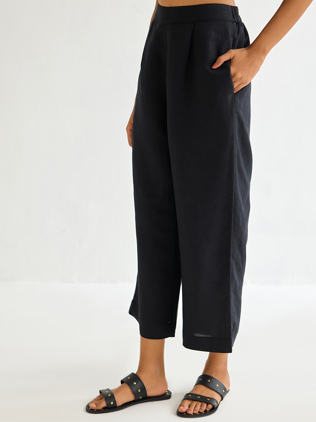 Black Linen Straight Trouser
