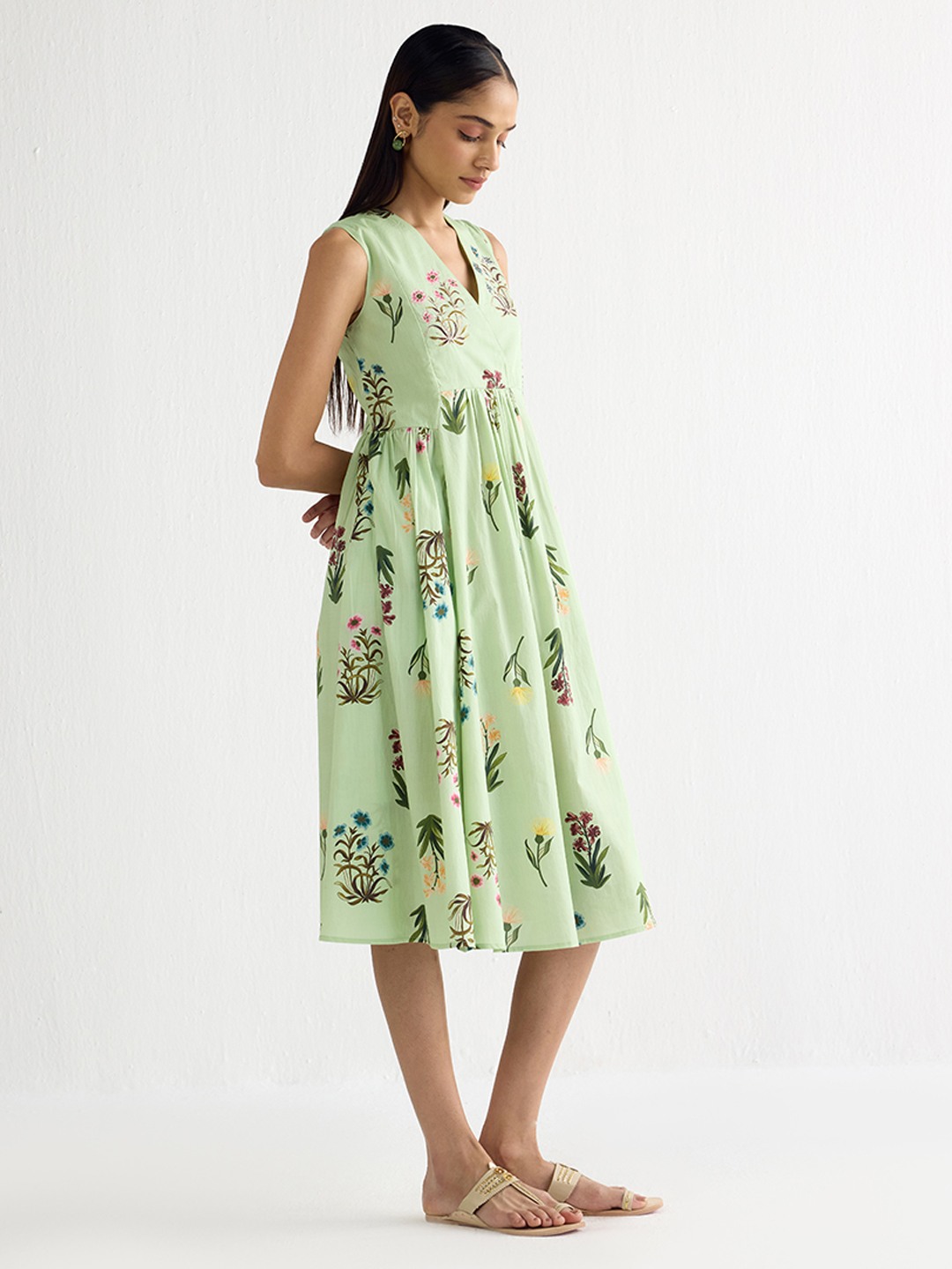 V Neck Printed Flared Dress