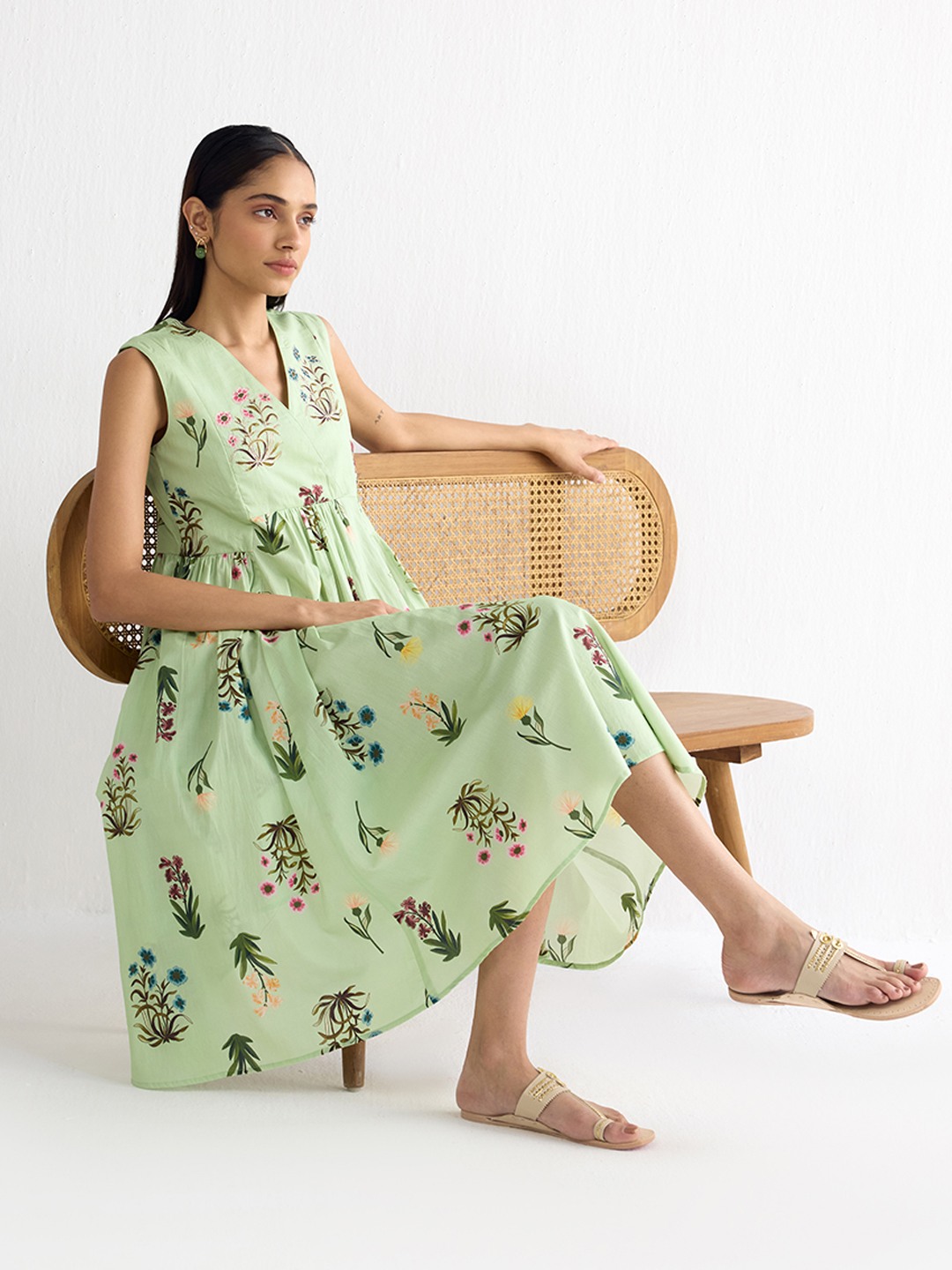 V Neck Printed Flared Dress