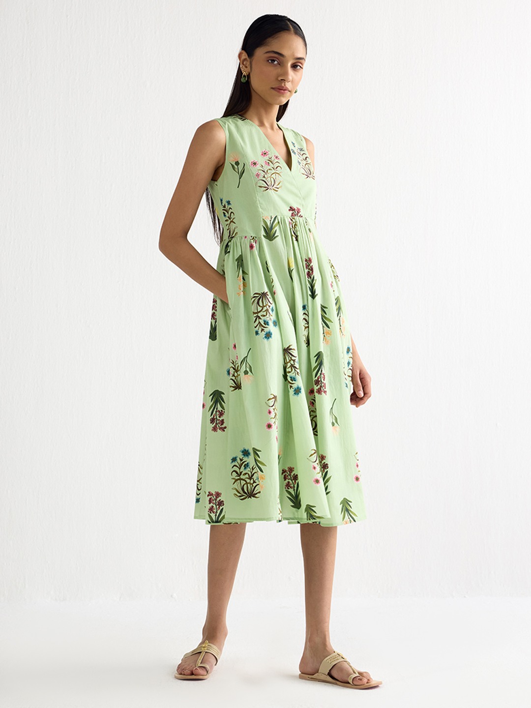 V Neck Printed Flared Dress