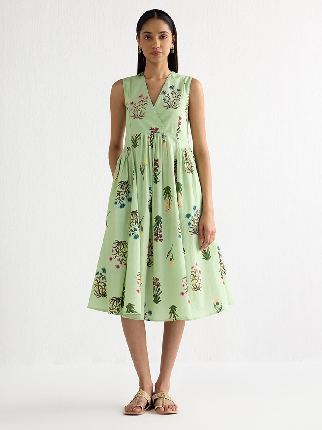 V Neck Printed Flared Dress