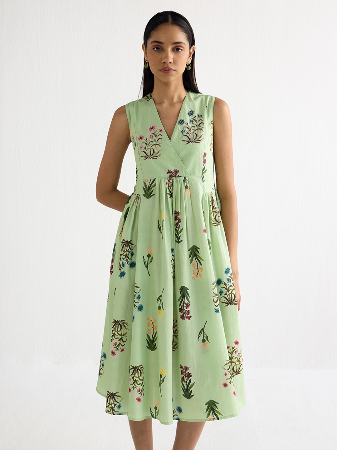 V Neck Printed Flared Dress