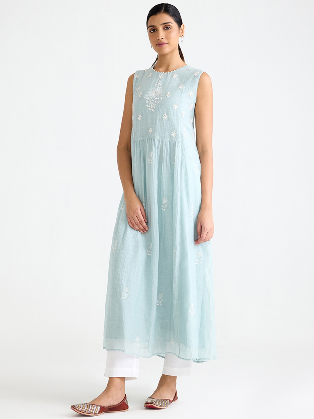 Blue Sleeveless Chikankari Kurta Dress