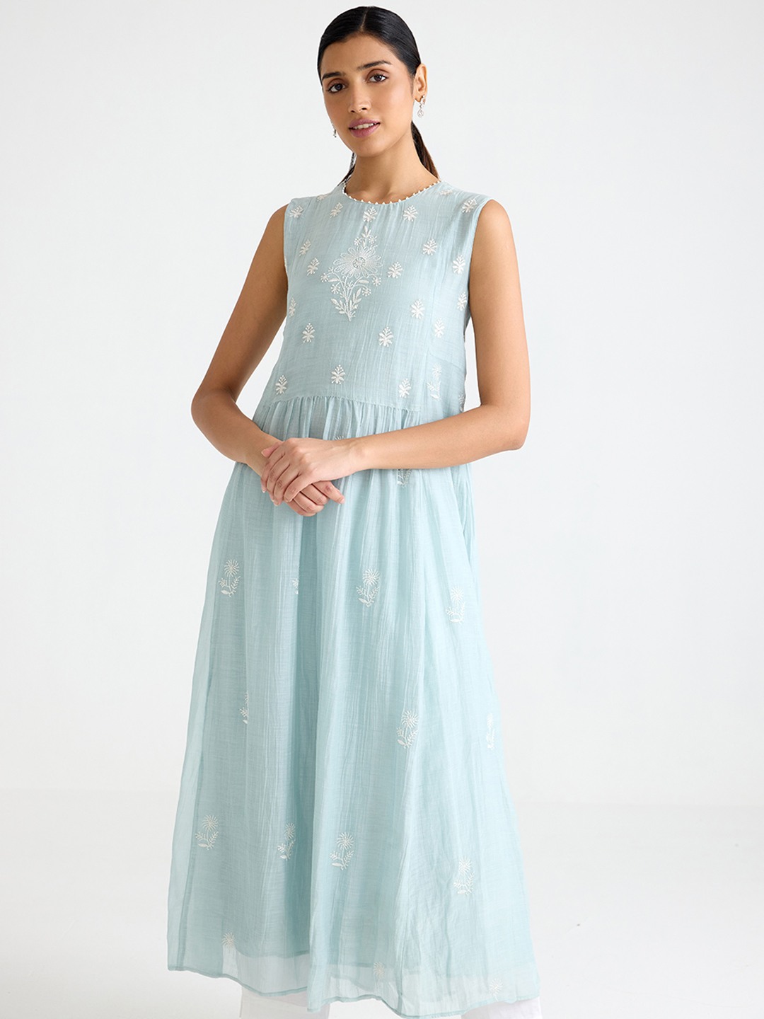 Blue Sleeveless Chikankari Kurta Dress