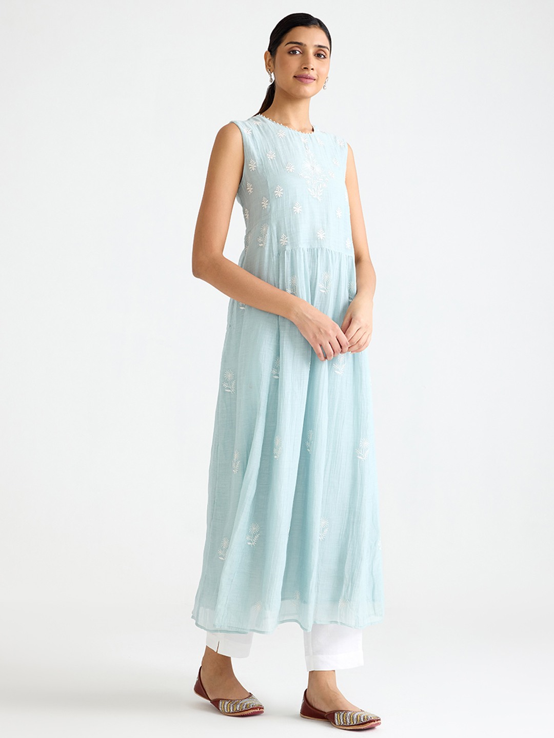 Blue Sleeveless Chikankari Kurta Dress