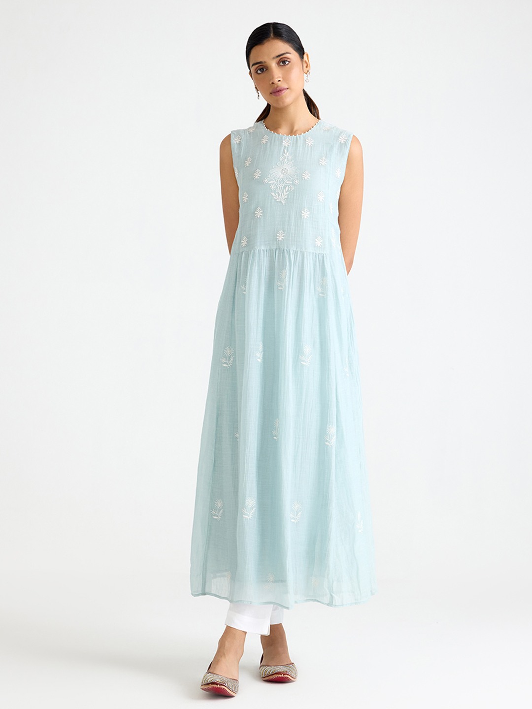 Blue Sleeveless Chikankari Kurta Dress
