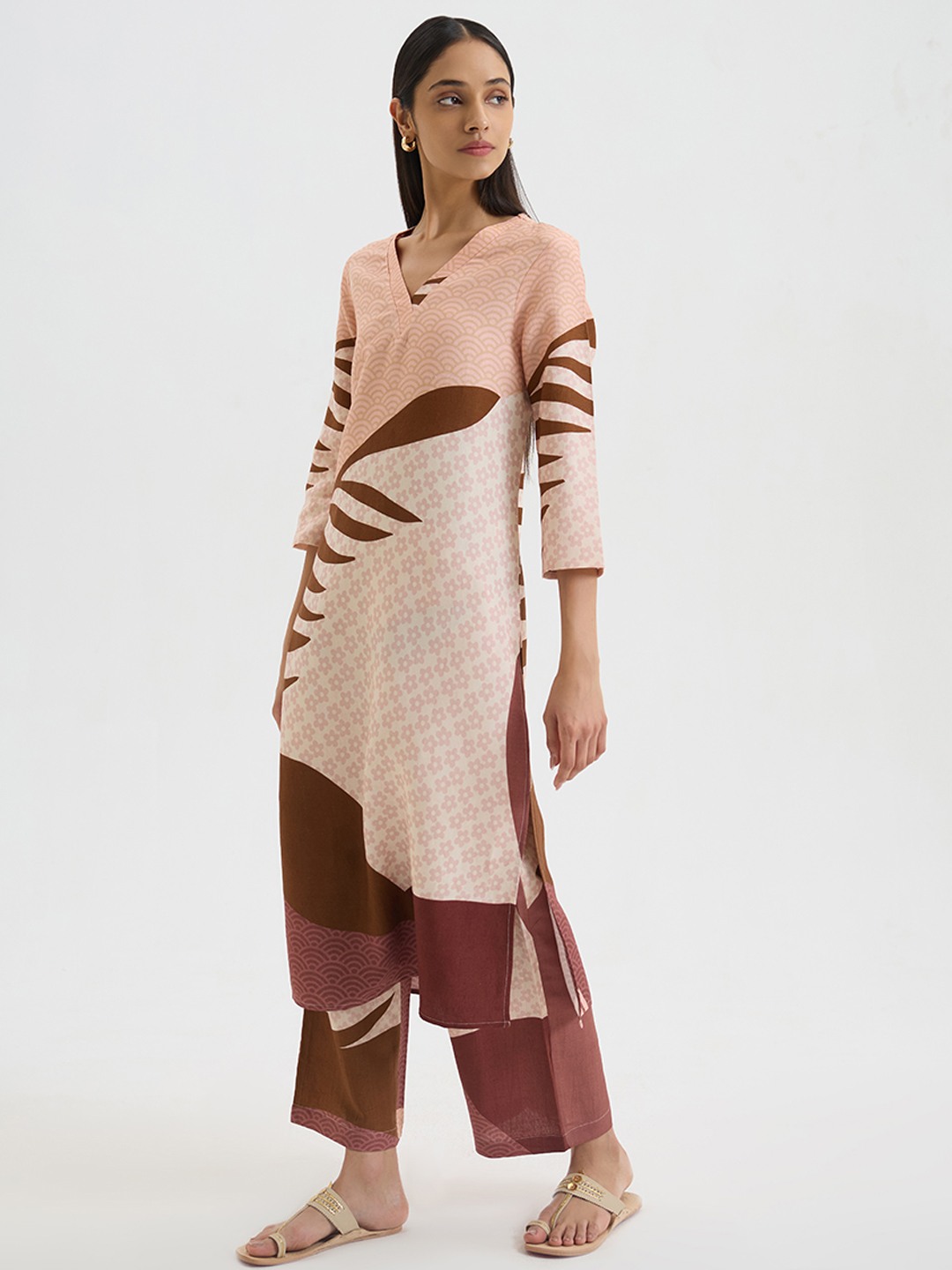 Brown Linen Printed Kurta