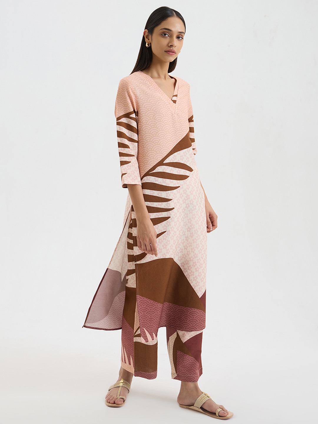 Brown Linen Printed Kurta
