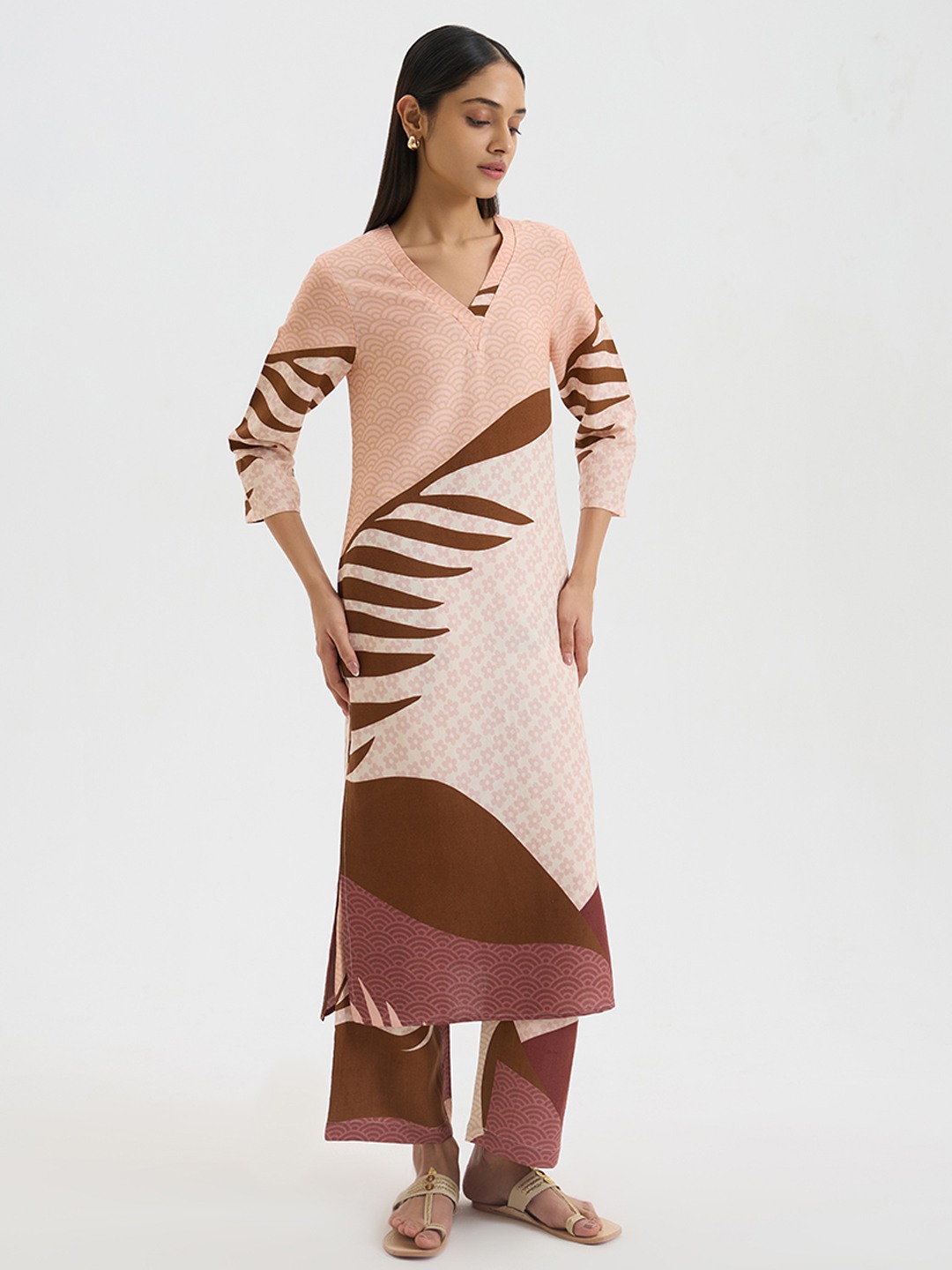 Brown Linen Printed Kurta
