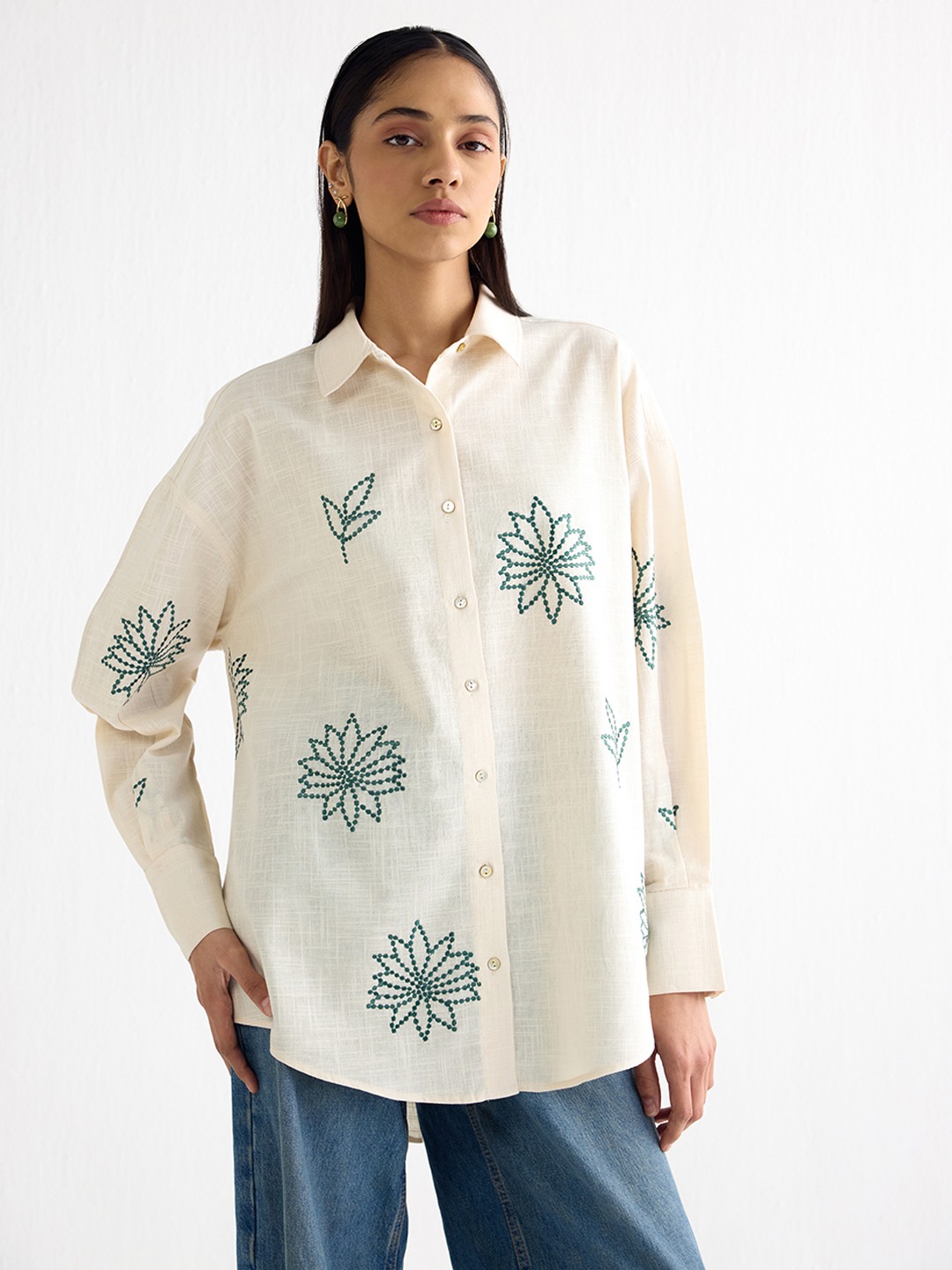 Ivory Long Shirt with threadwork