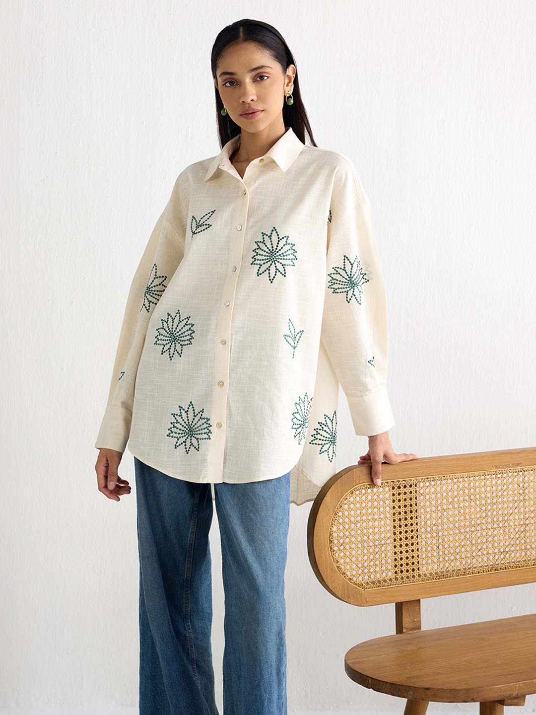 Ivory Long Shirt with threadwork