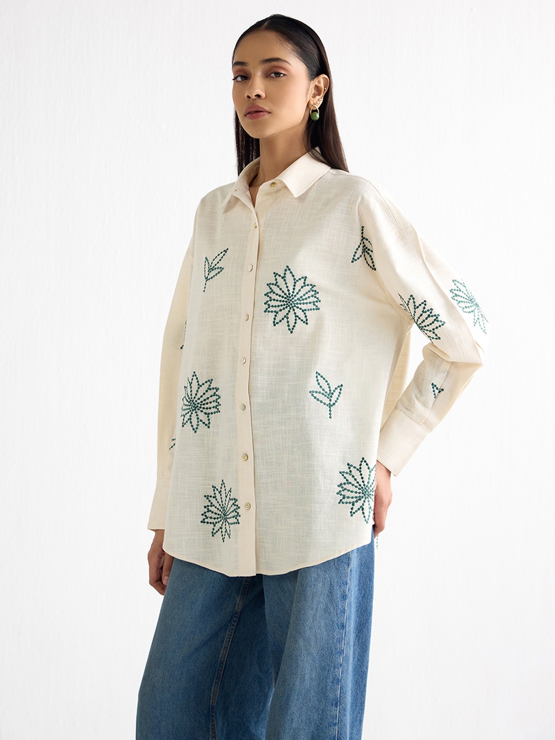 Ivory Long Shirt with threadwork