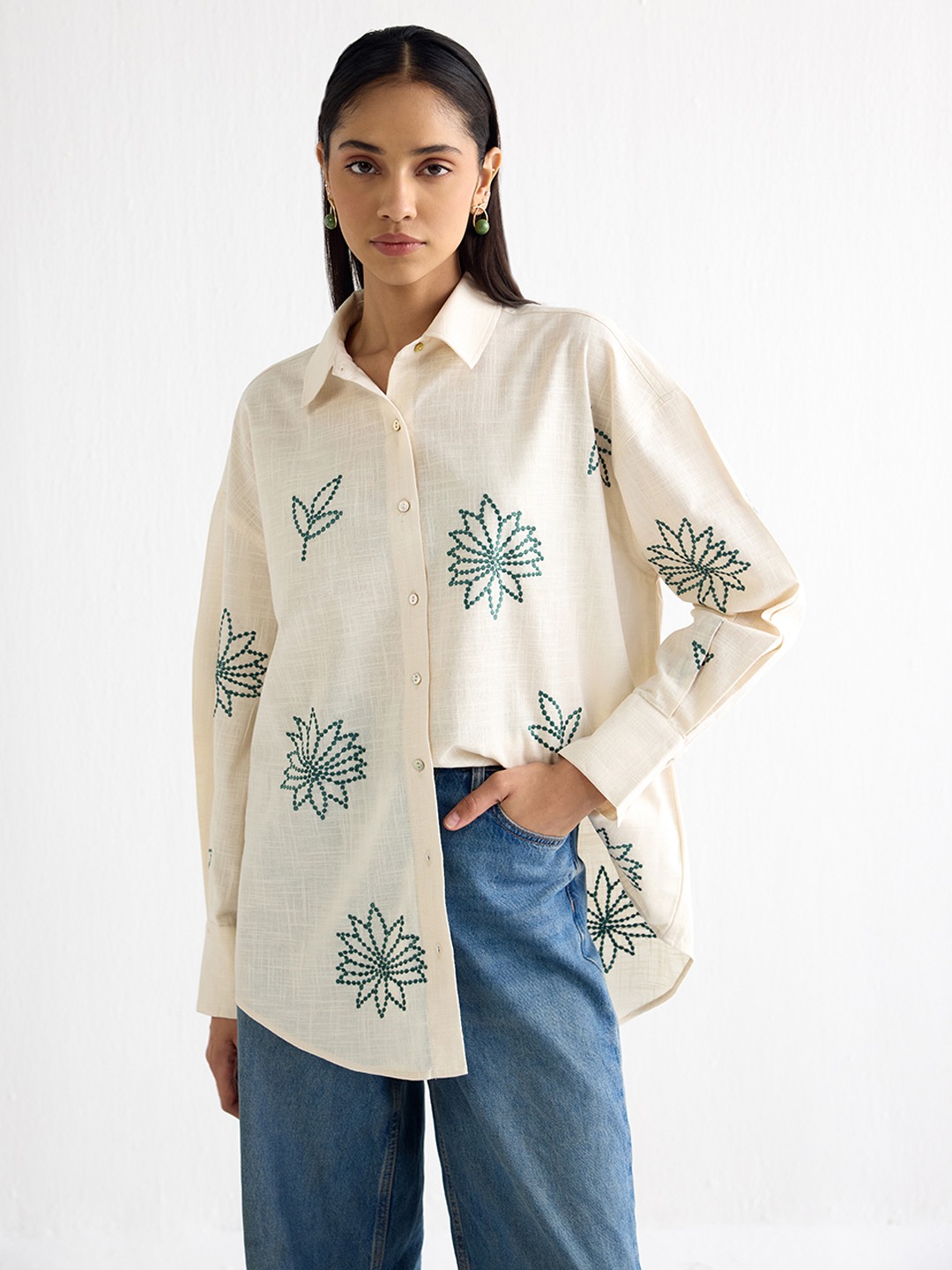 Ivory Long Shirt with threadwork