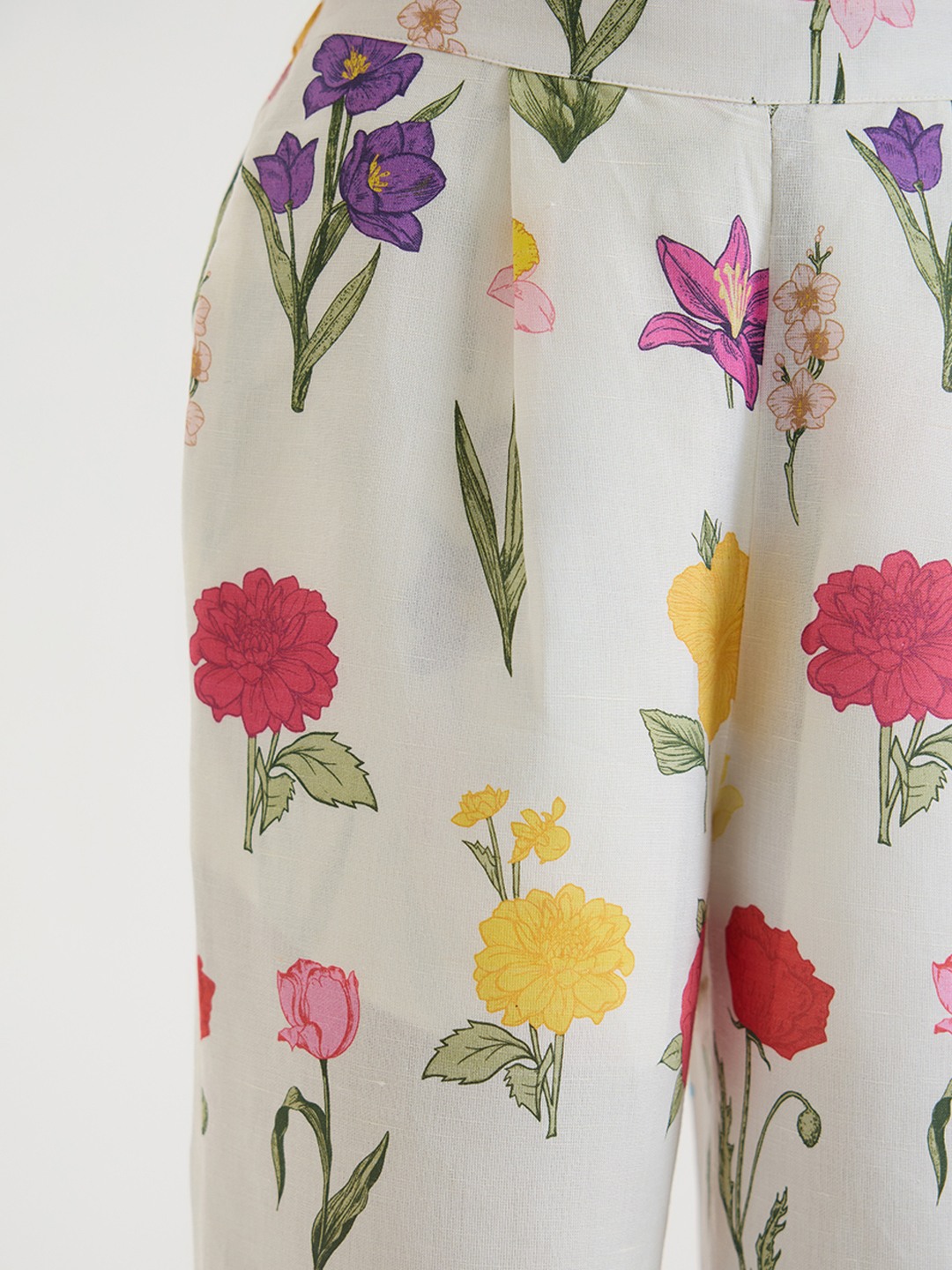 White Linen Floral Straight Trouser