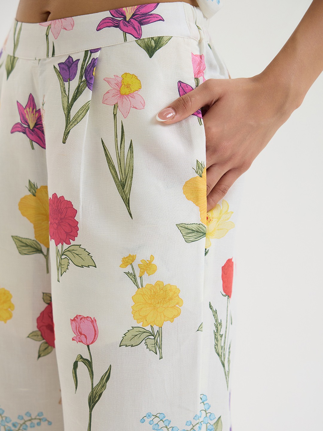 White Linen Floral Straight Trouser