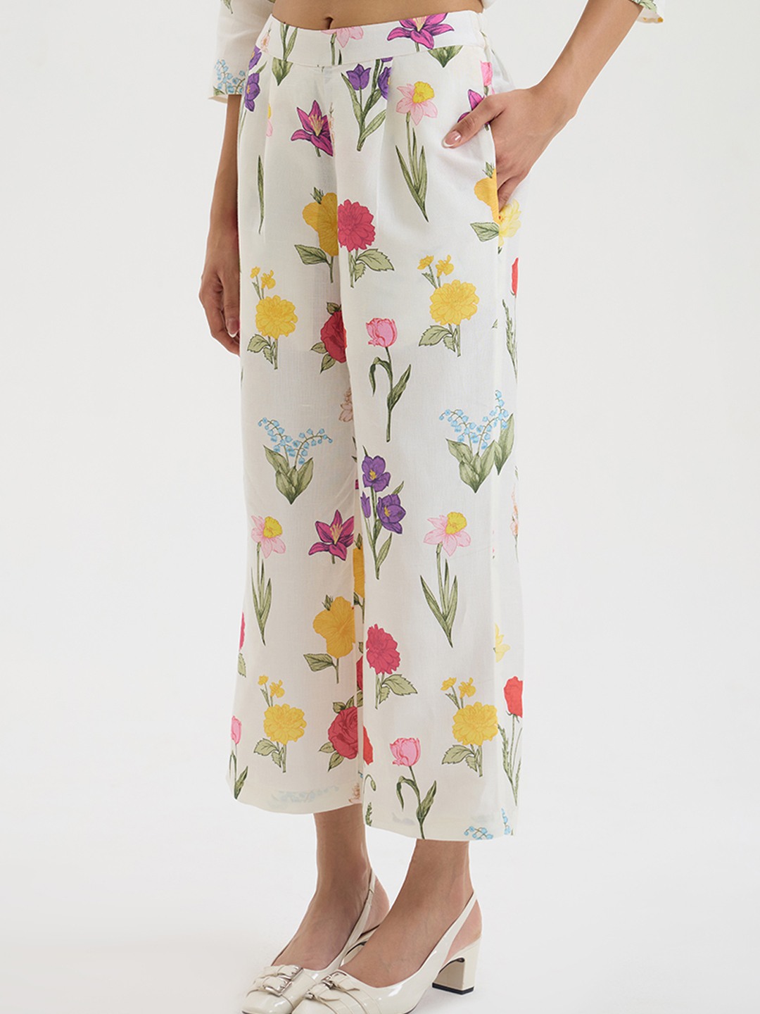 White Linen Floral Straight Trouser