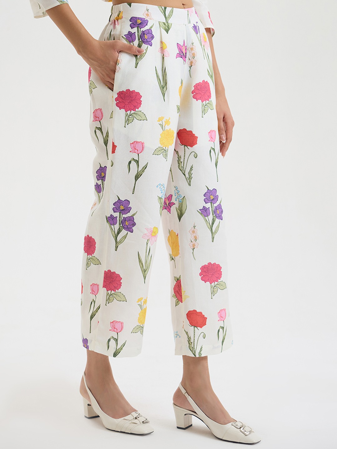 White Linen Floral Straight Trouser