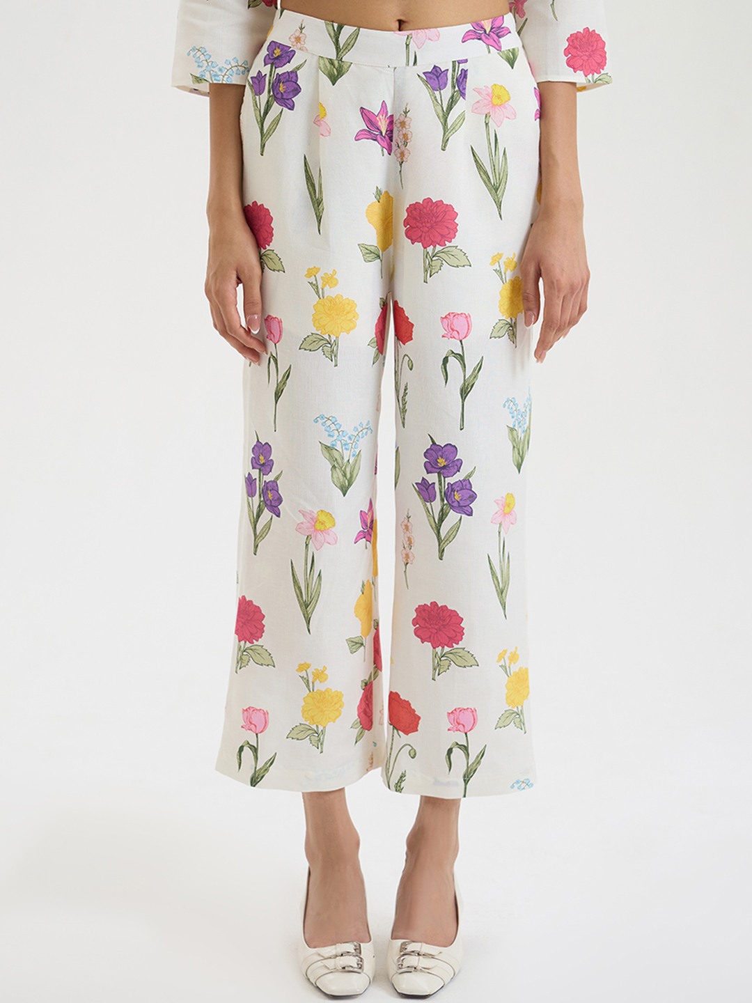White Linen Floral Straight Trouser