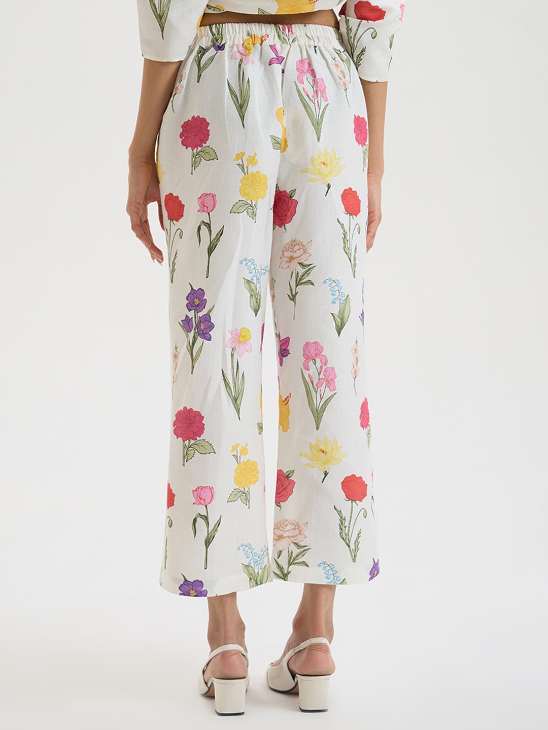 White Linen Floral Straight Trouser