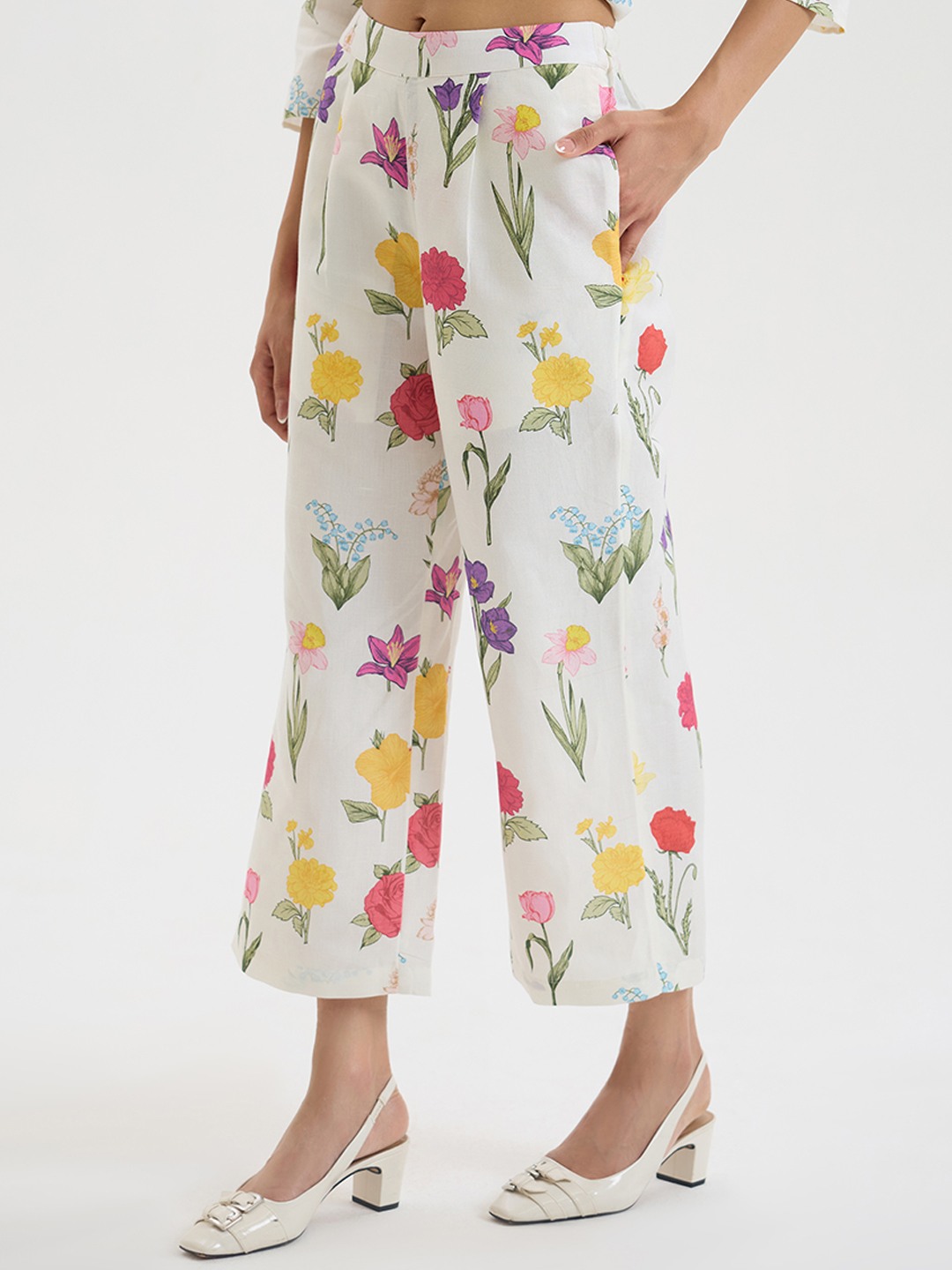 White Linen Floral Straight Trouser