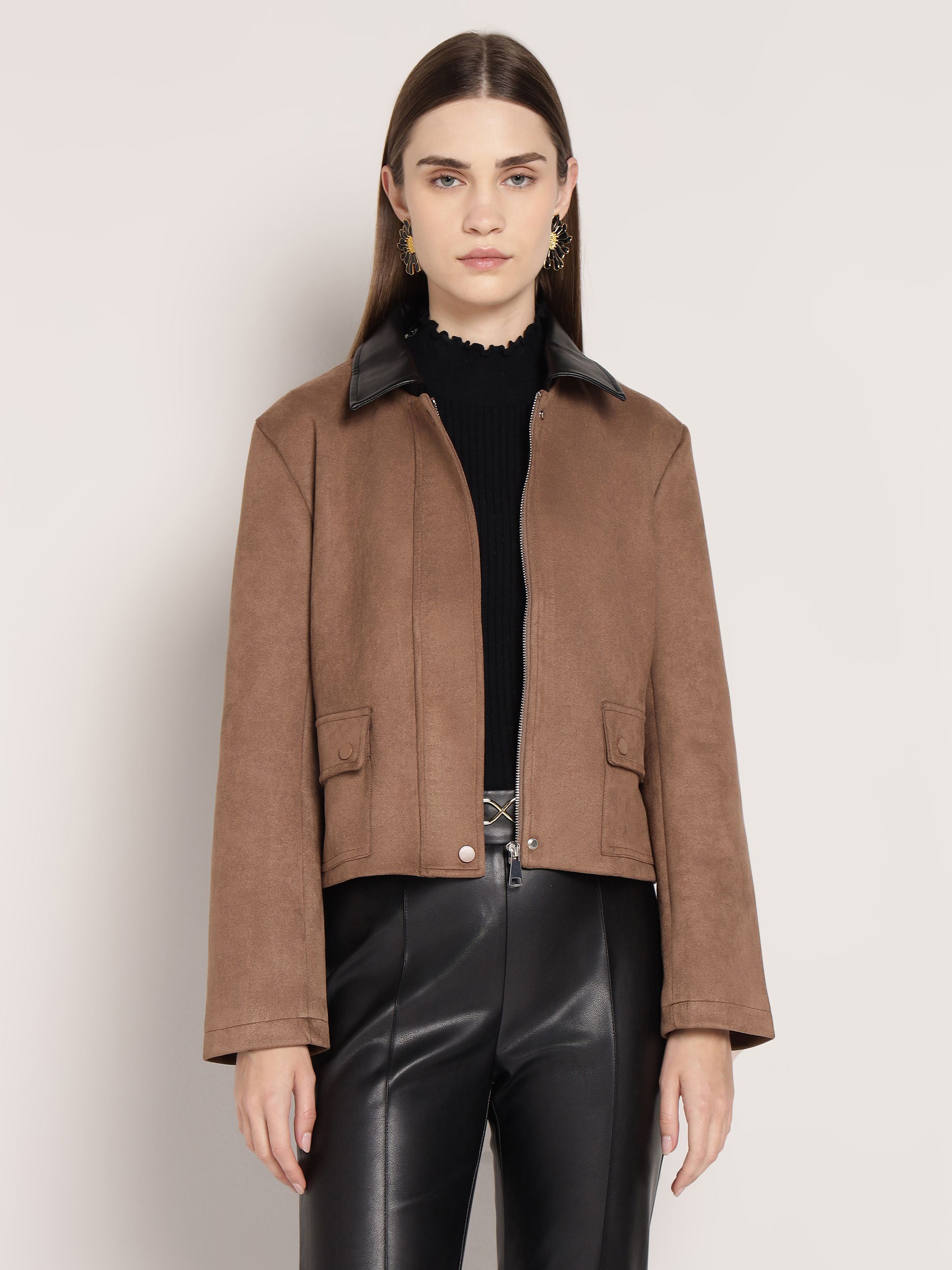 Camel Brown Jacket With PU Collar