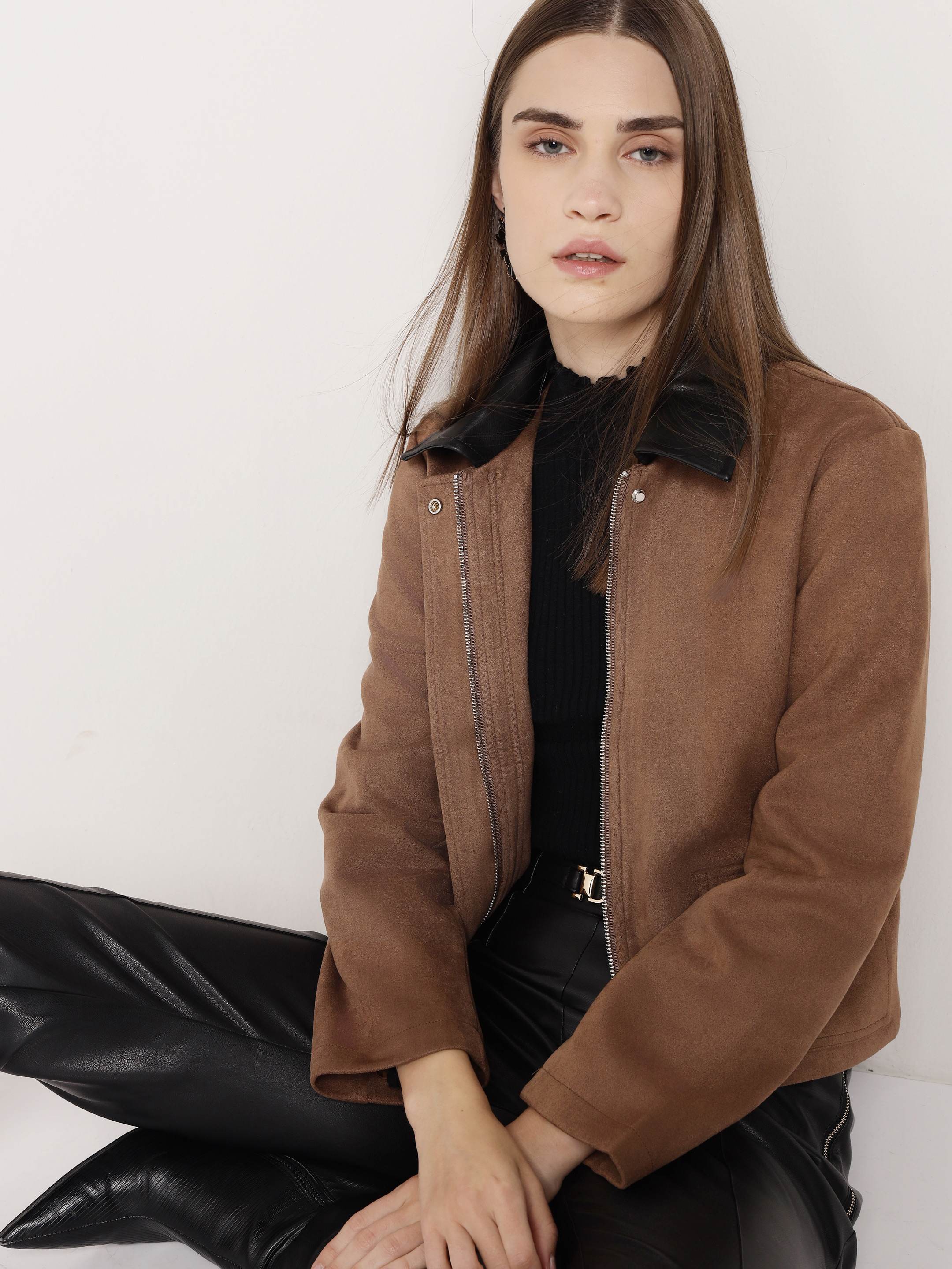 Camel Brown Jacket With PU Collar
