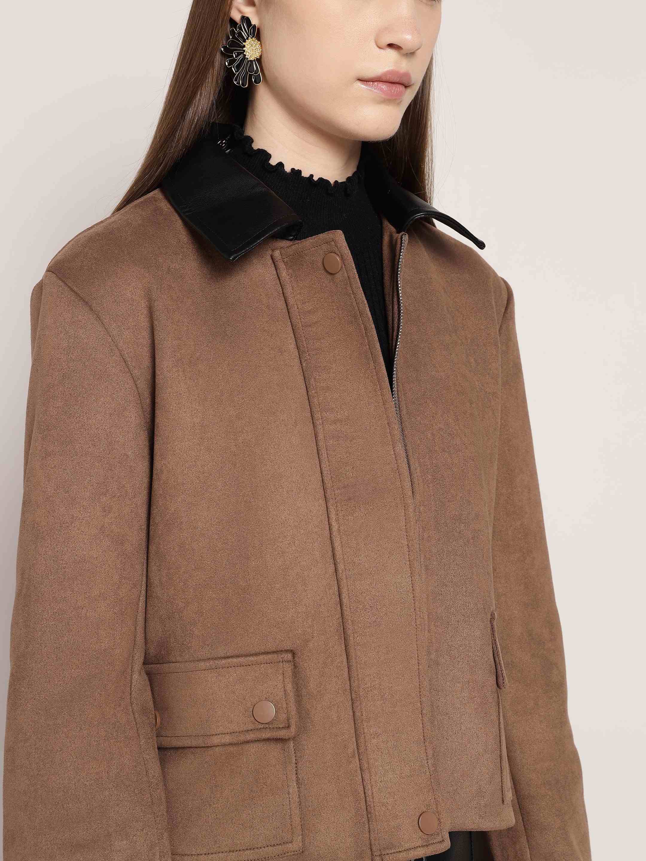 Camel Brown Jacket With PU Collar