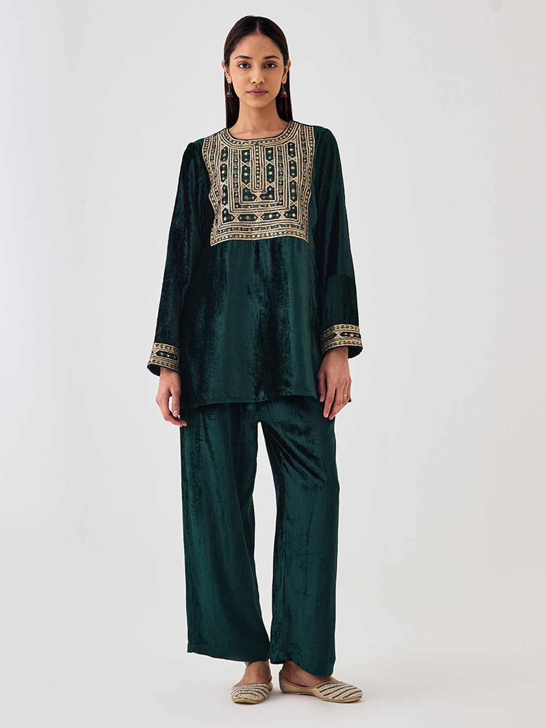 Green Velvet Short Kurta