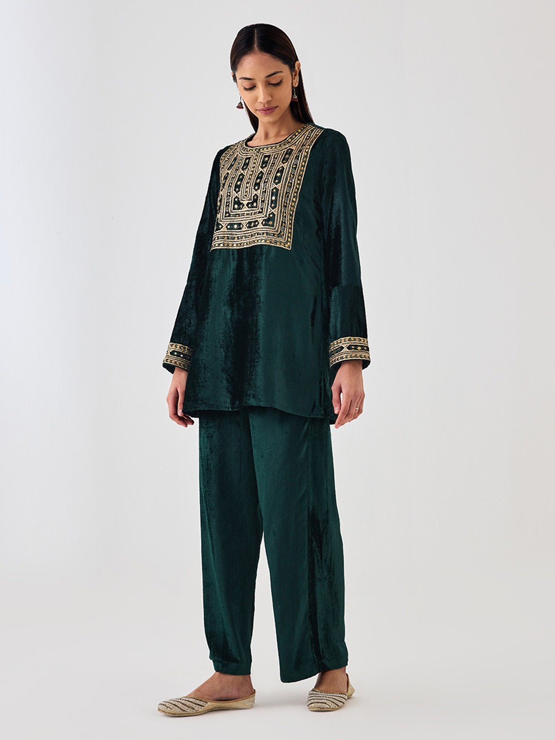 Green Velvet Short Kurta
