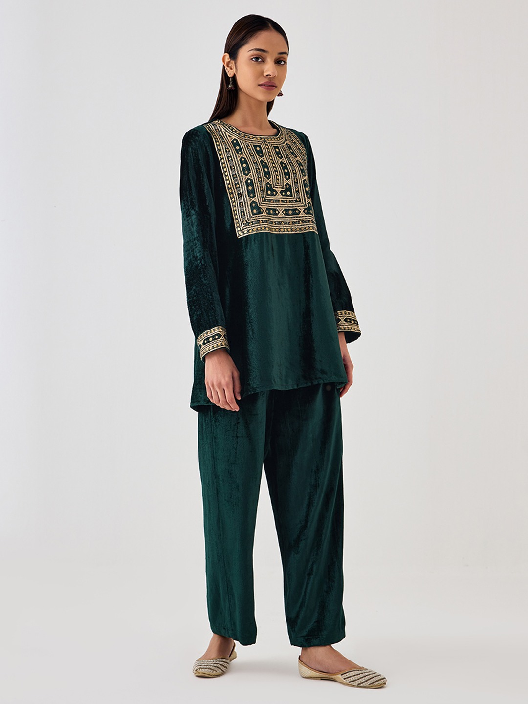 Green Velvet Short Kurta