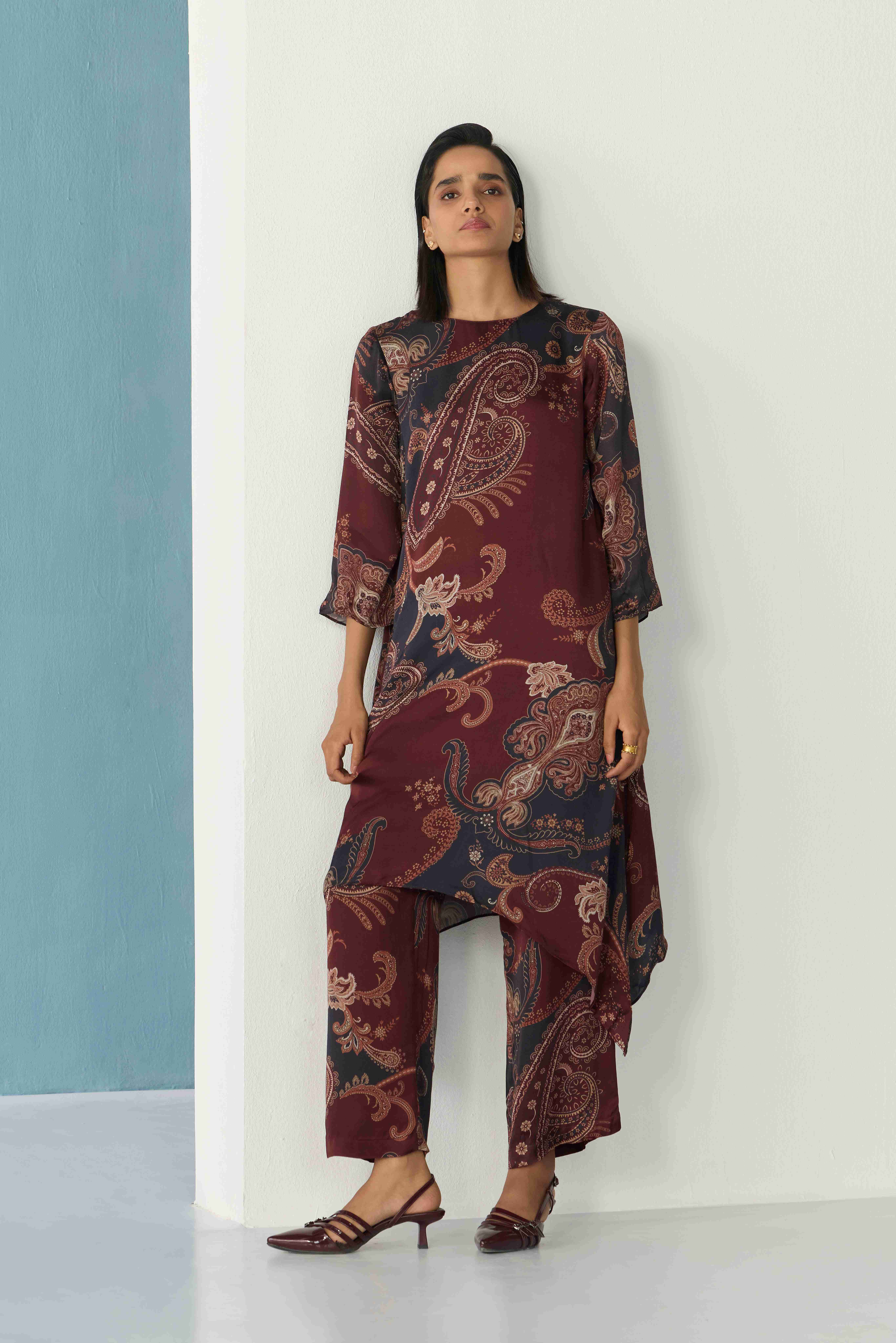wine paisley printed trousers
