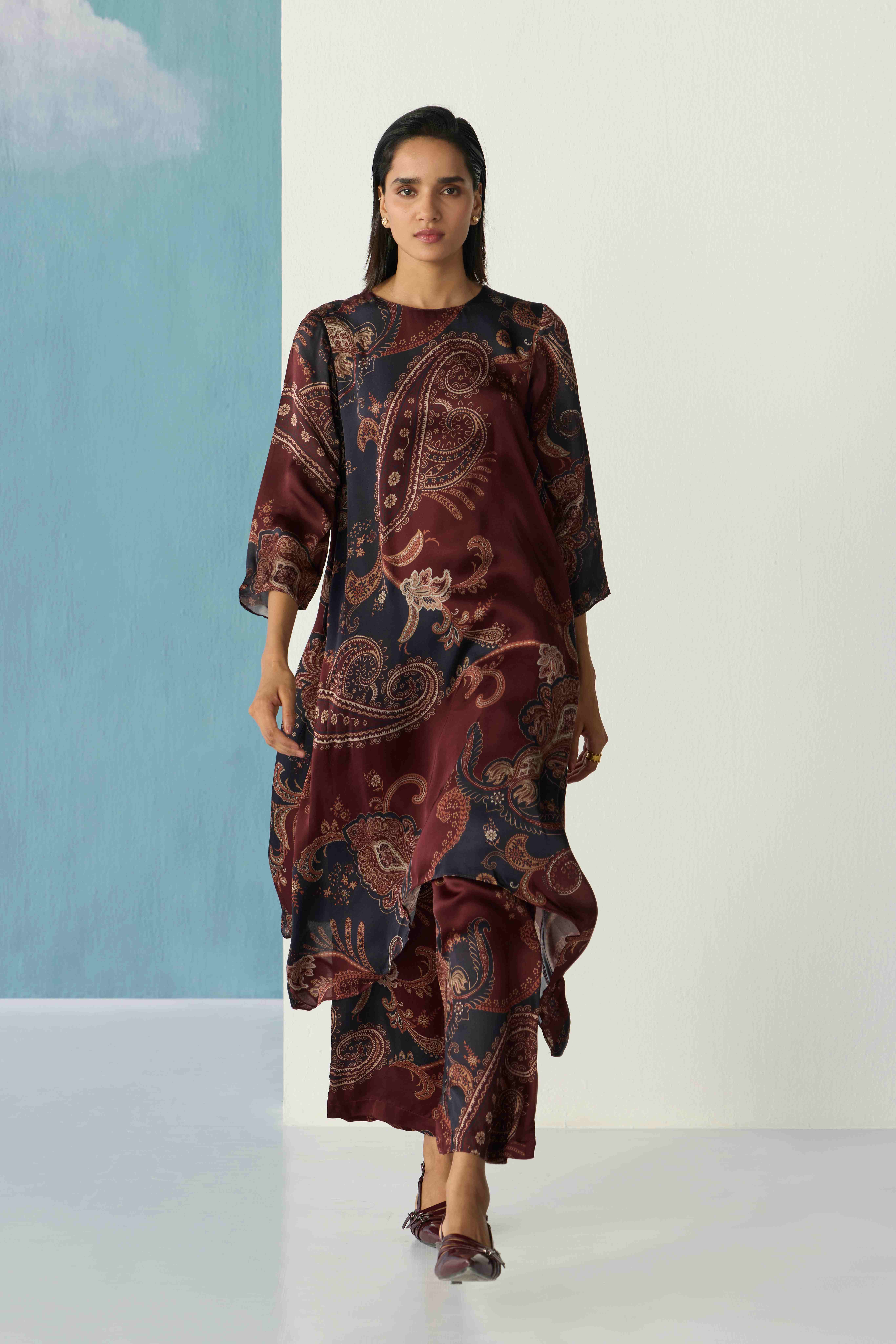 wine paisley printed trousers