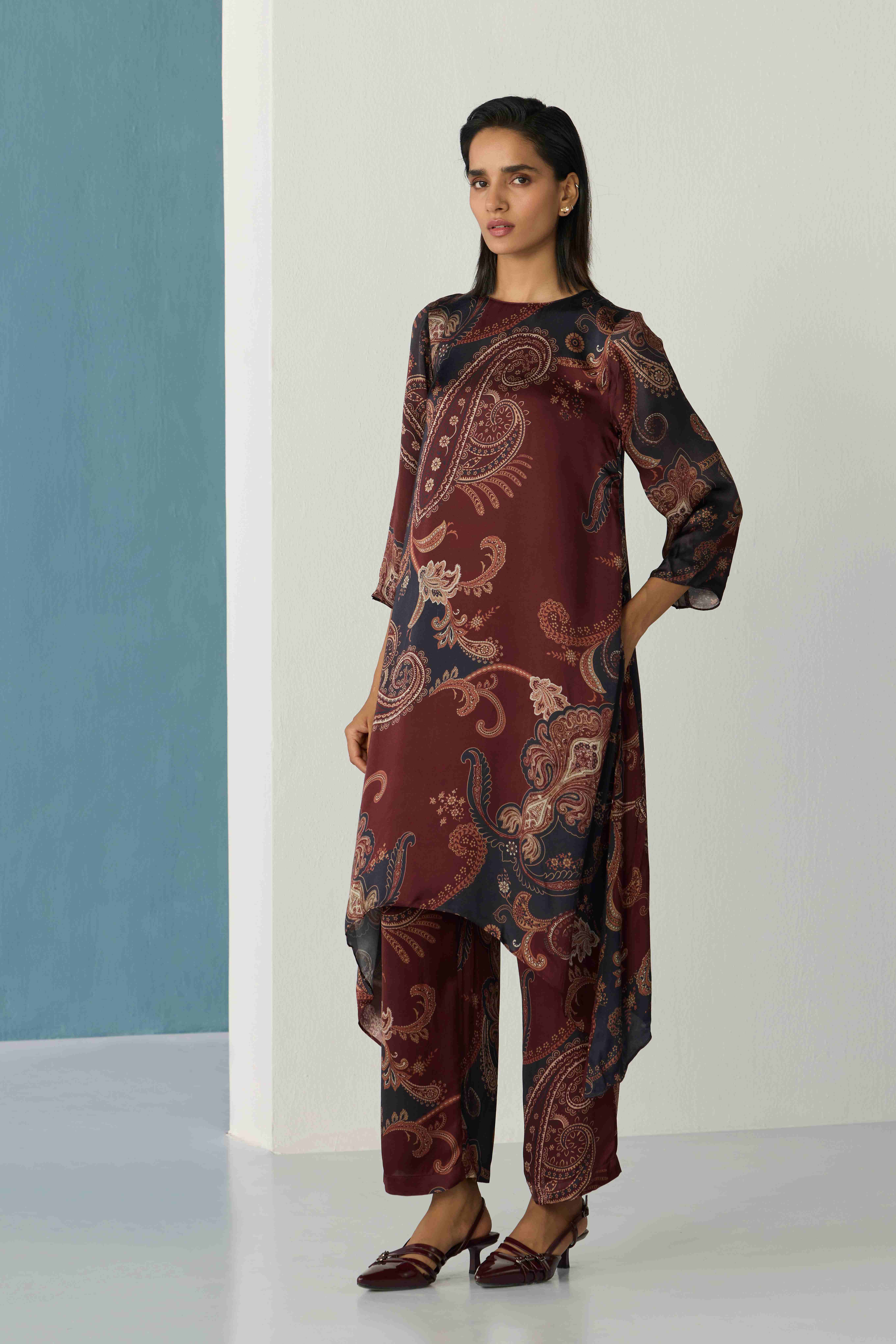 wine paisley printed trousers