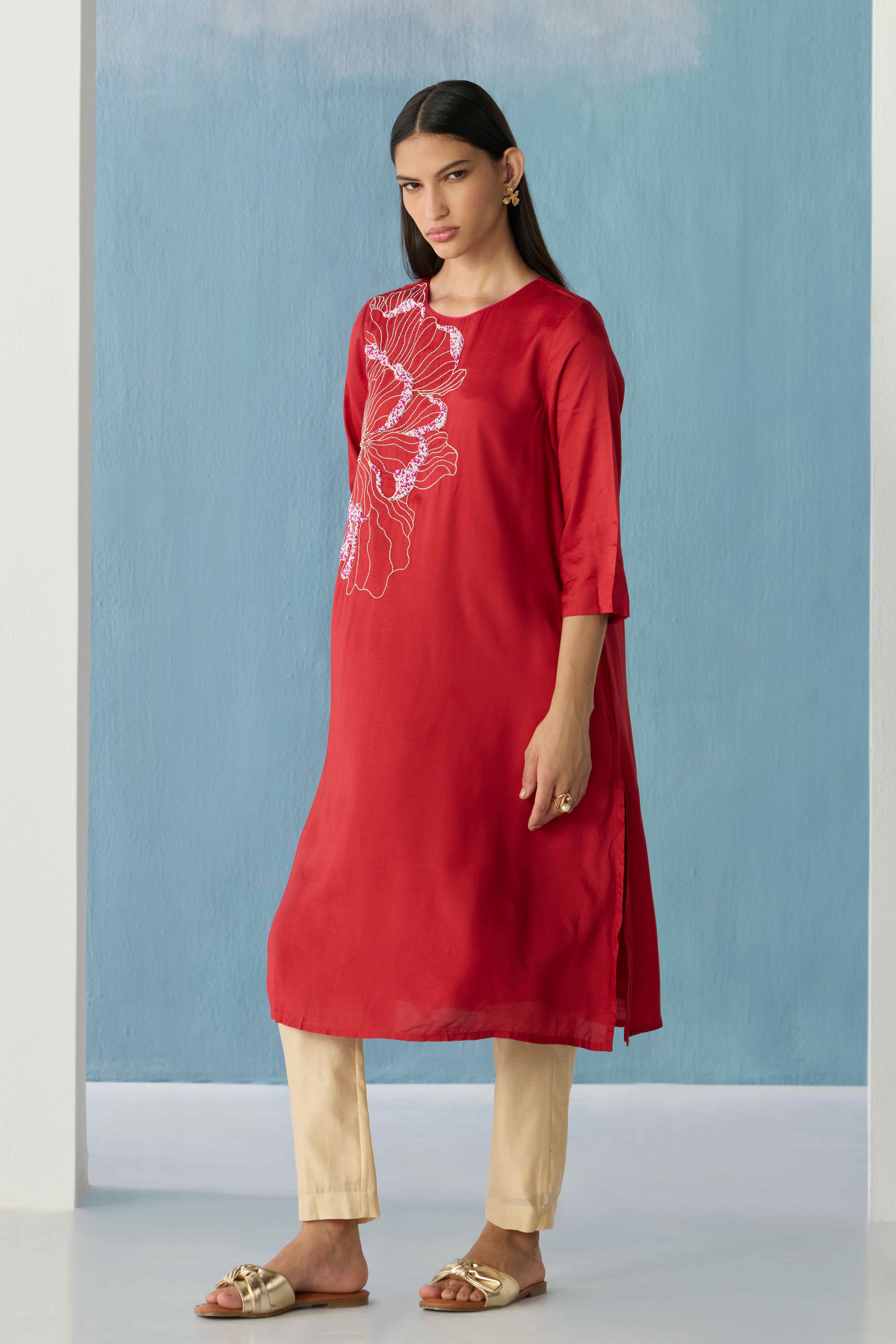 Crimson bloom A-line kurta