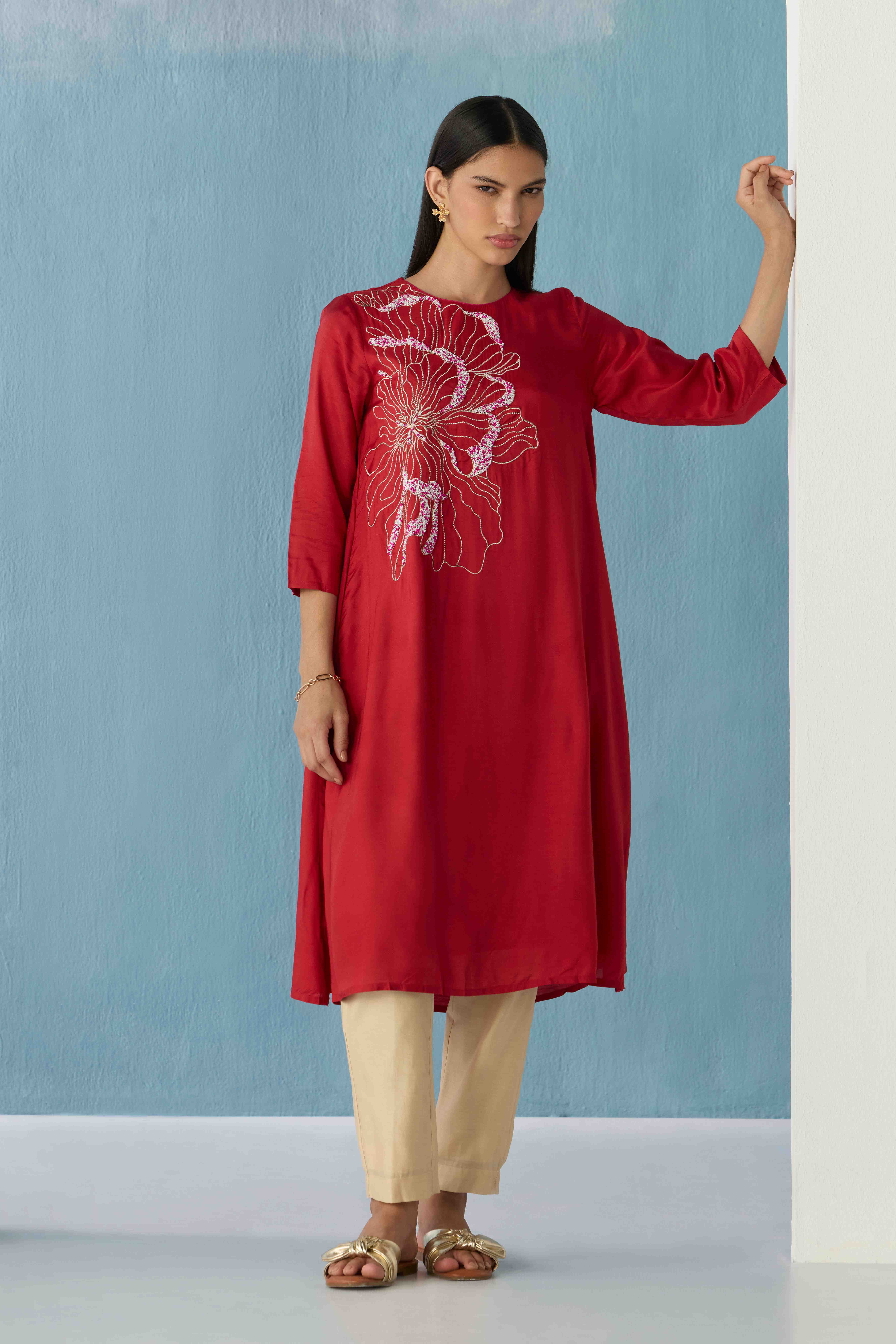Crimson bloom A-line kurta