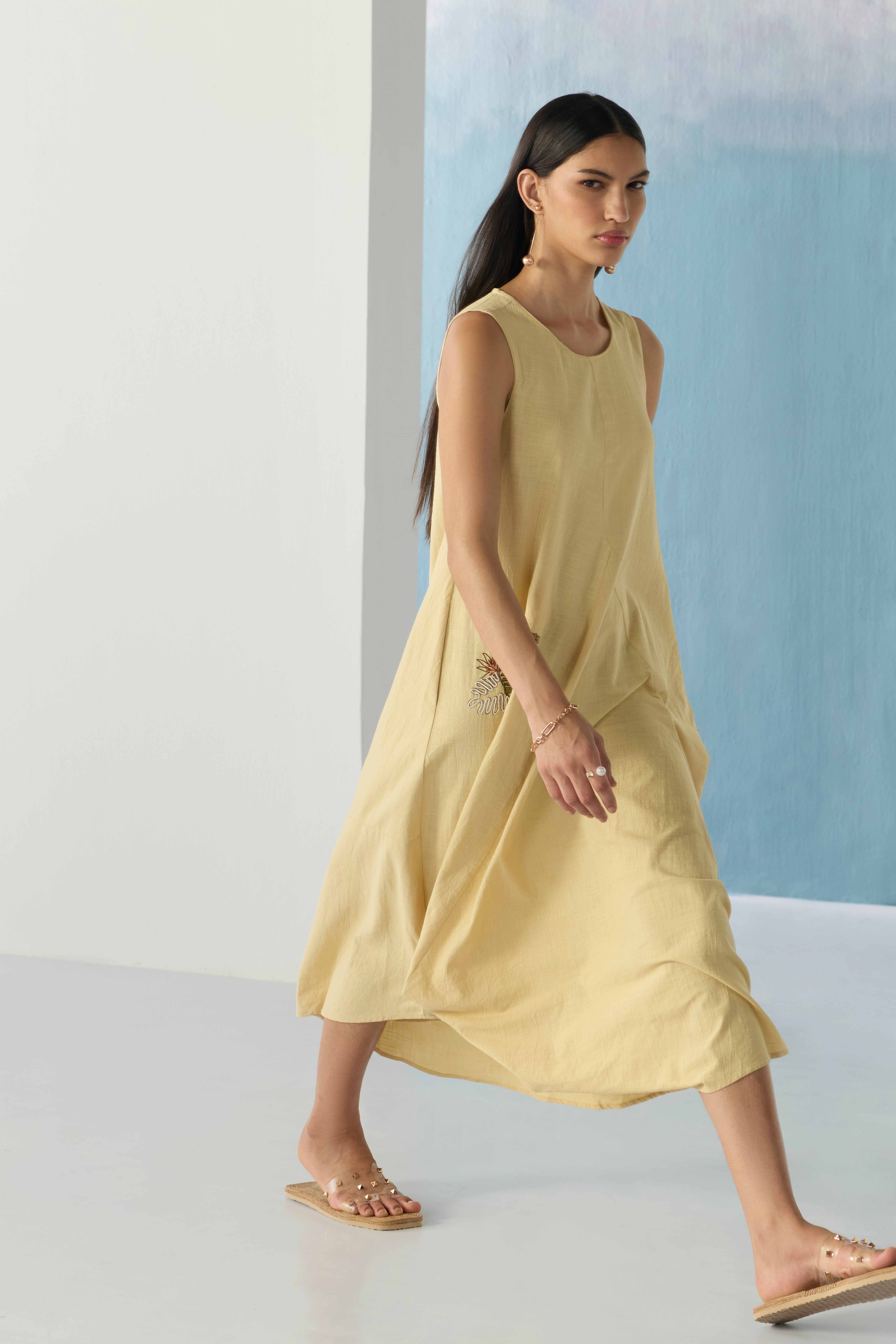 beige flared dress