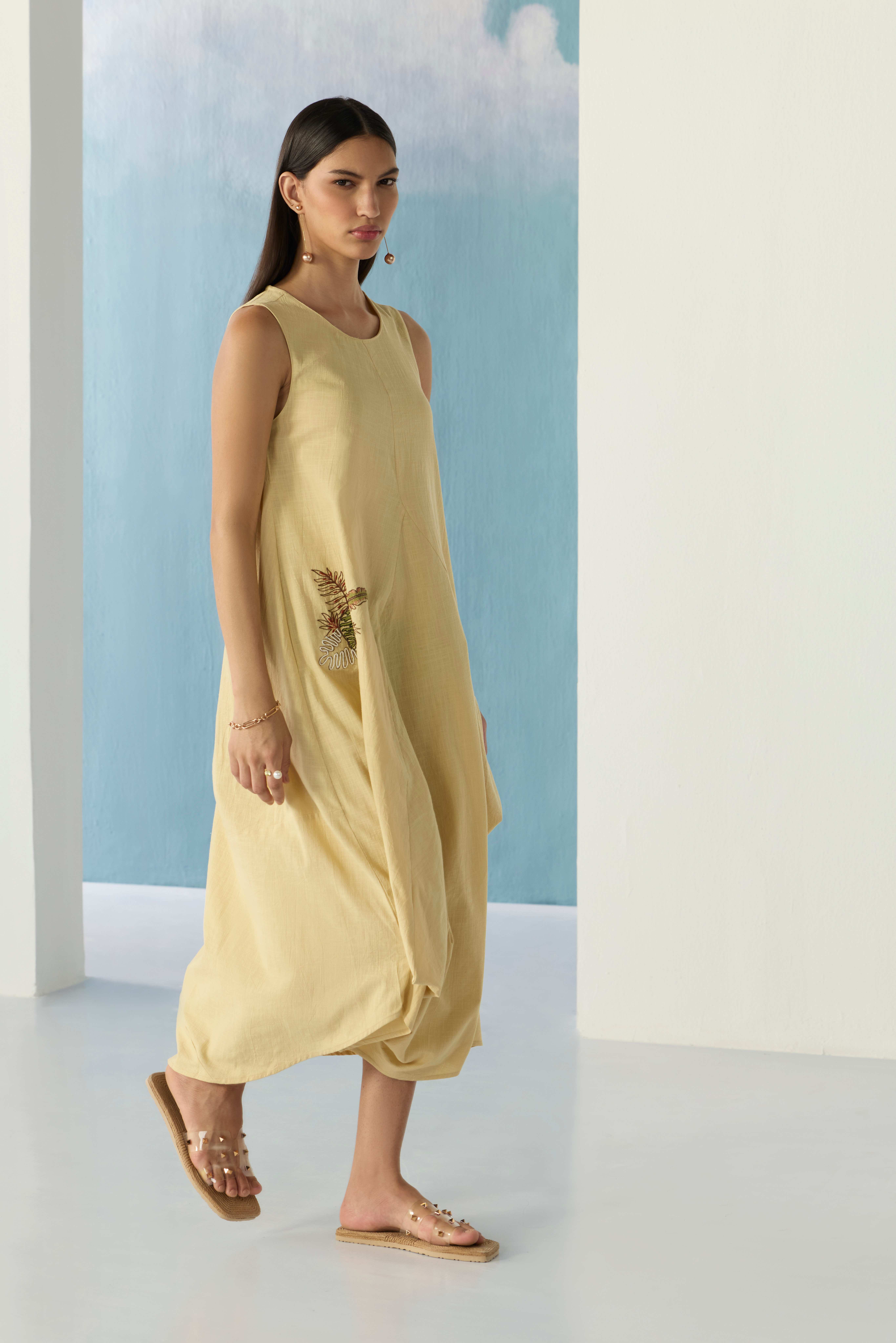 beige flared dress