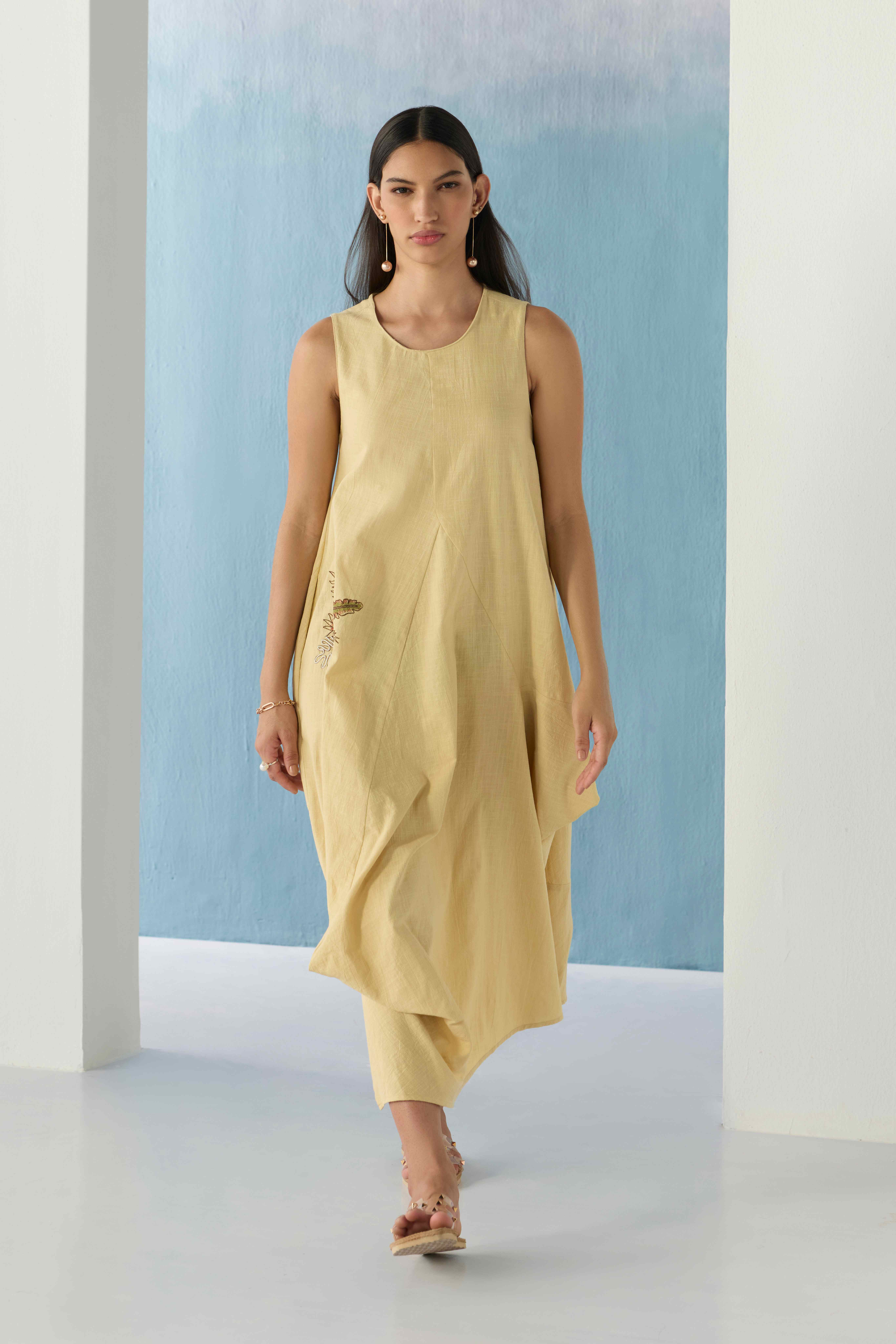 beige flared dress