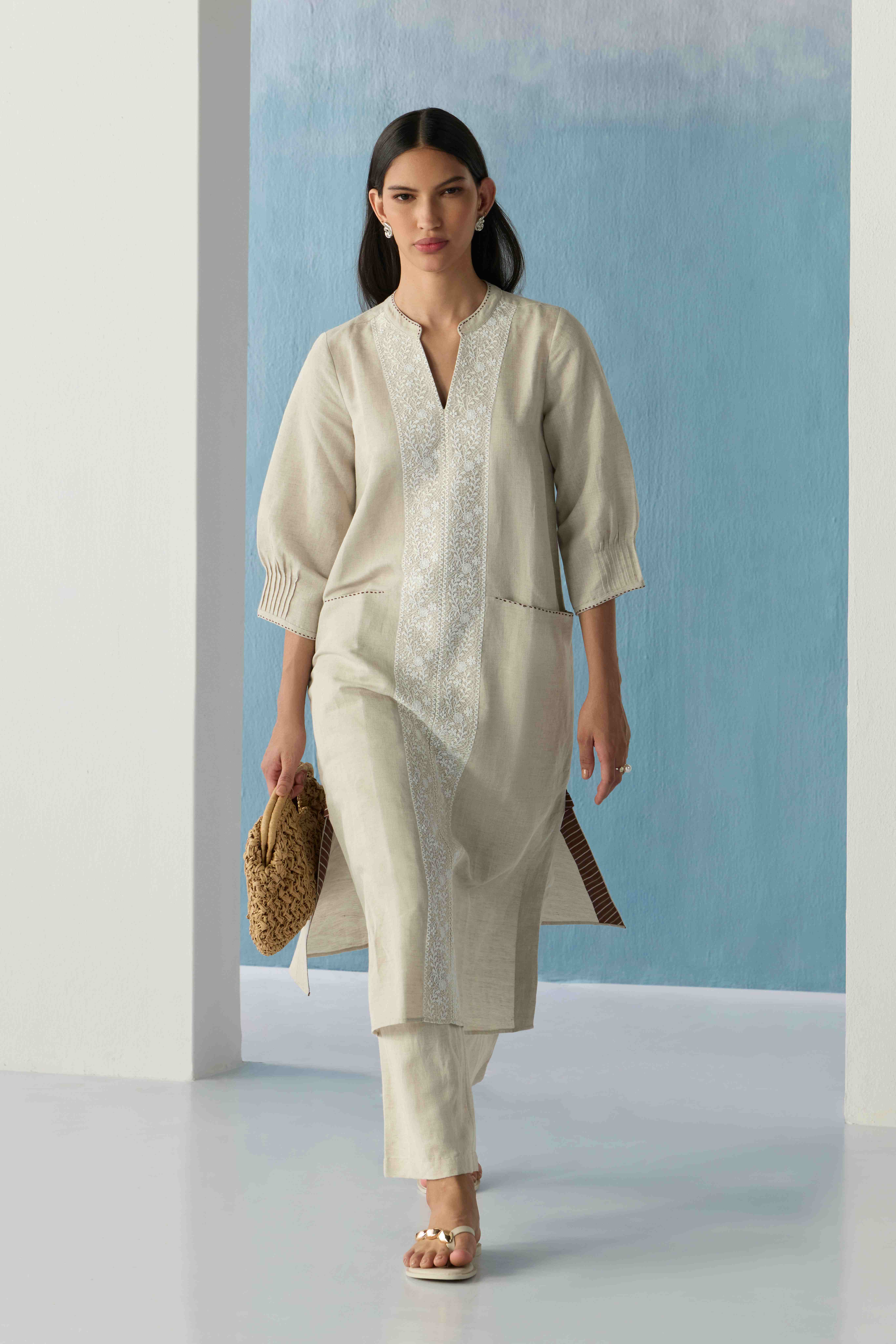 Beige Embroidered Kurta