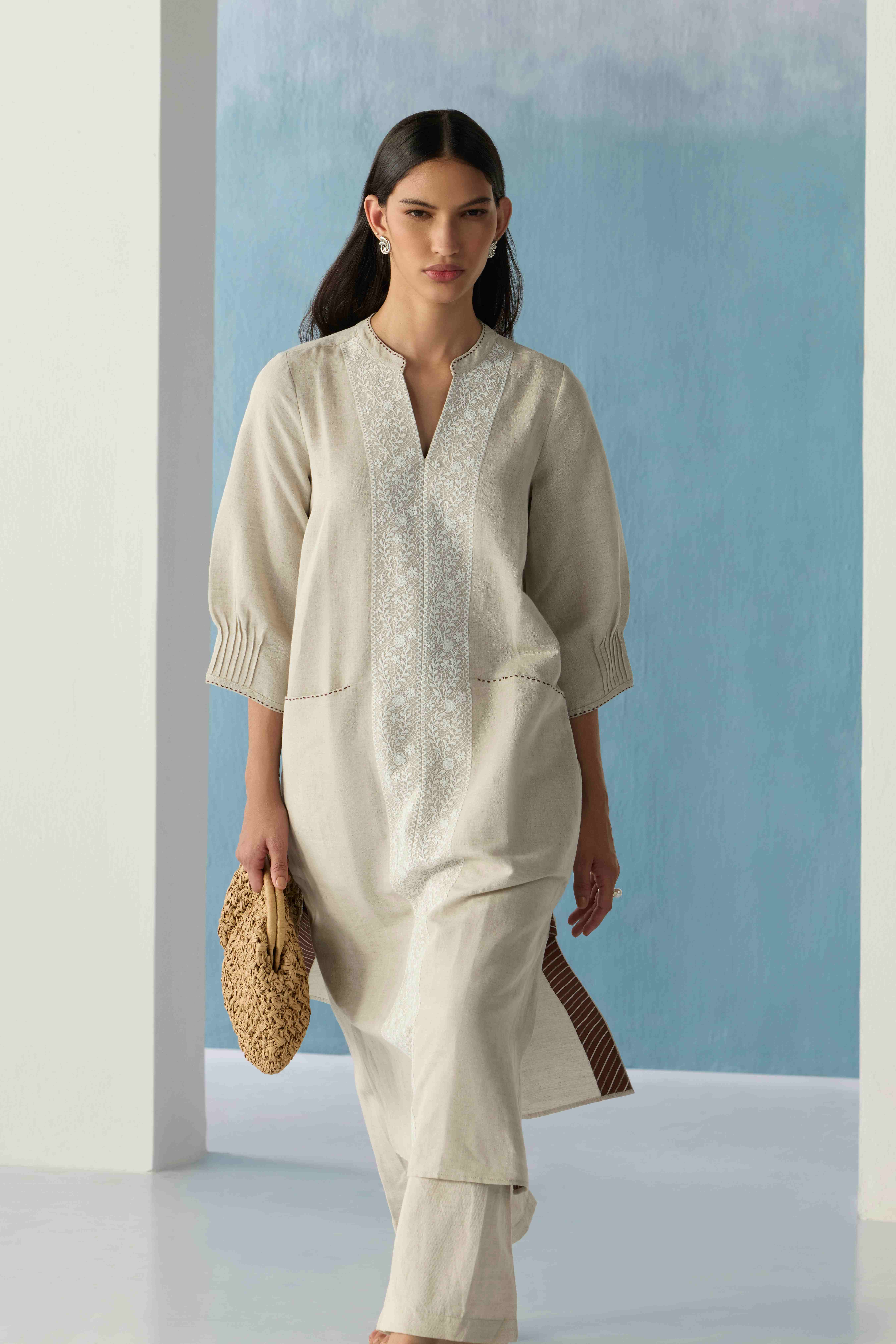 Beige Embroidered Kurta