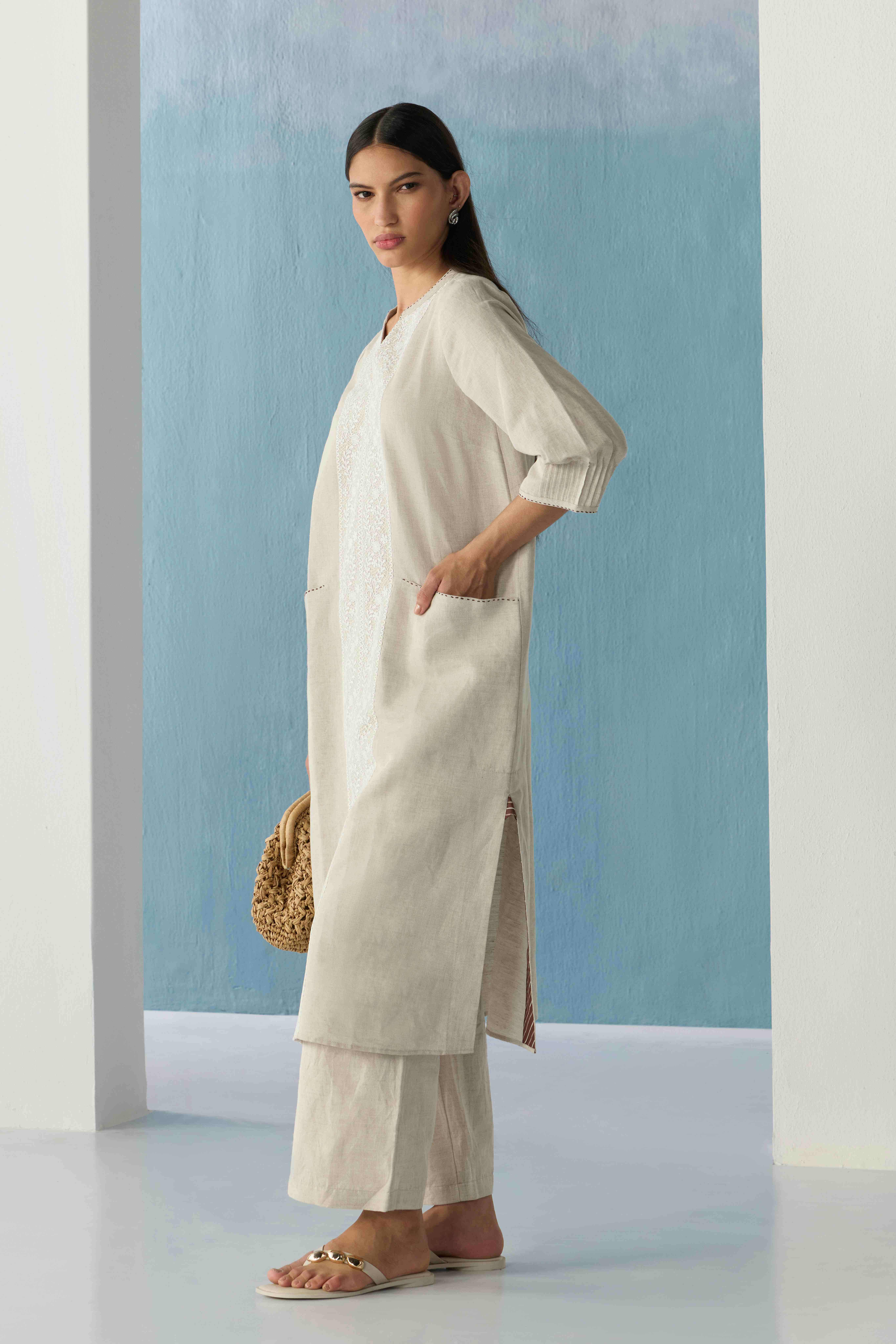 Beige Embroidered Kurta