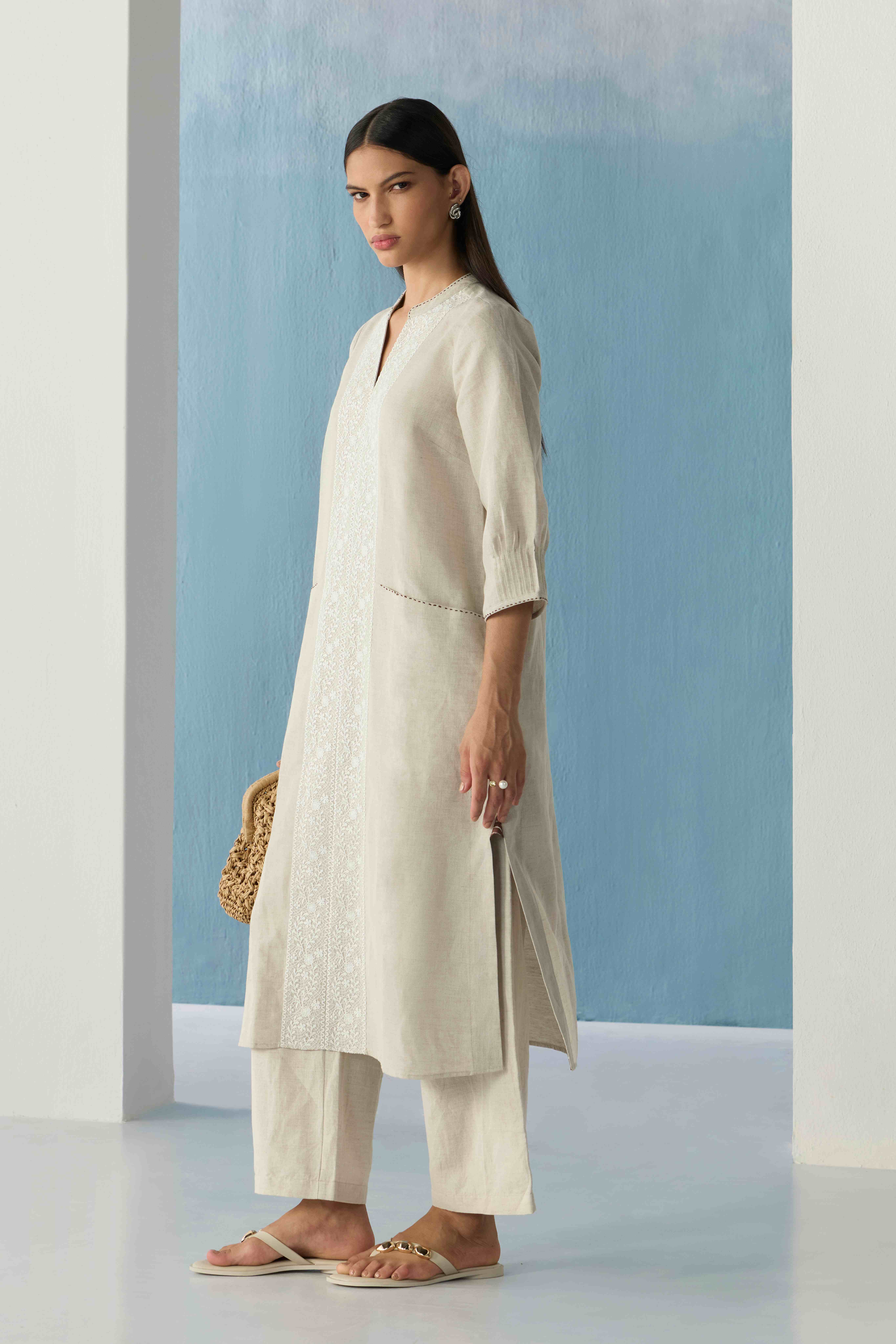 Beige Embroidered Kurta