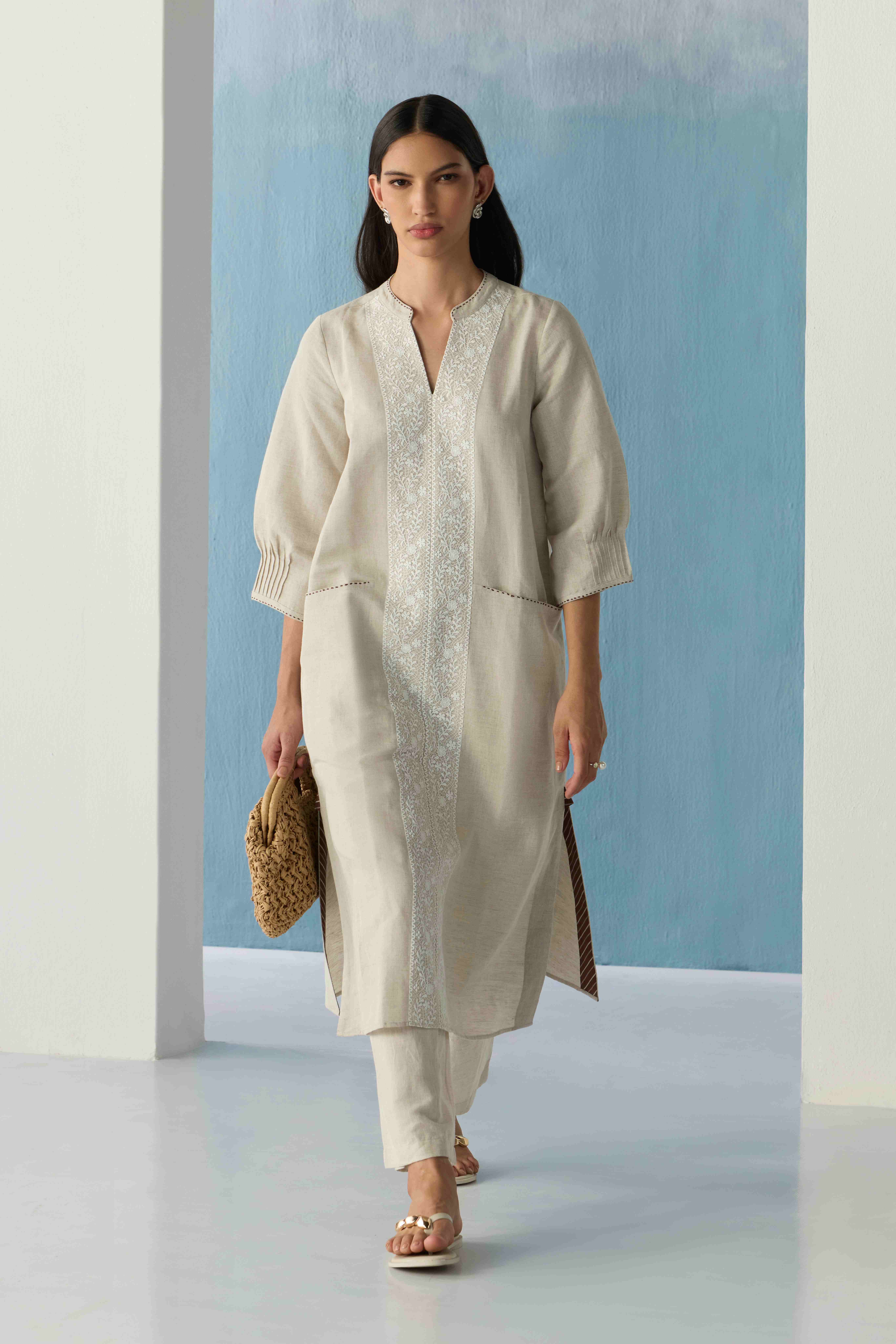 Beige Embroidered Kurta