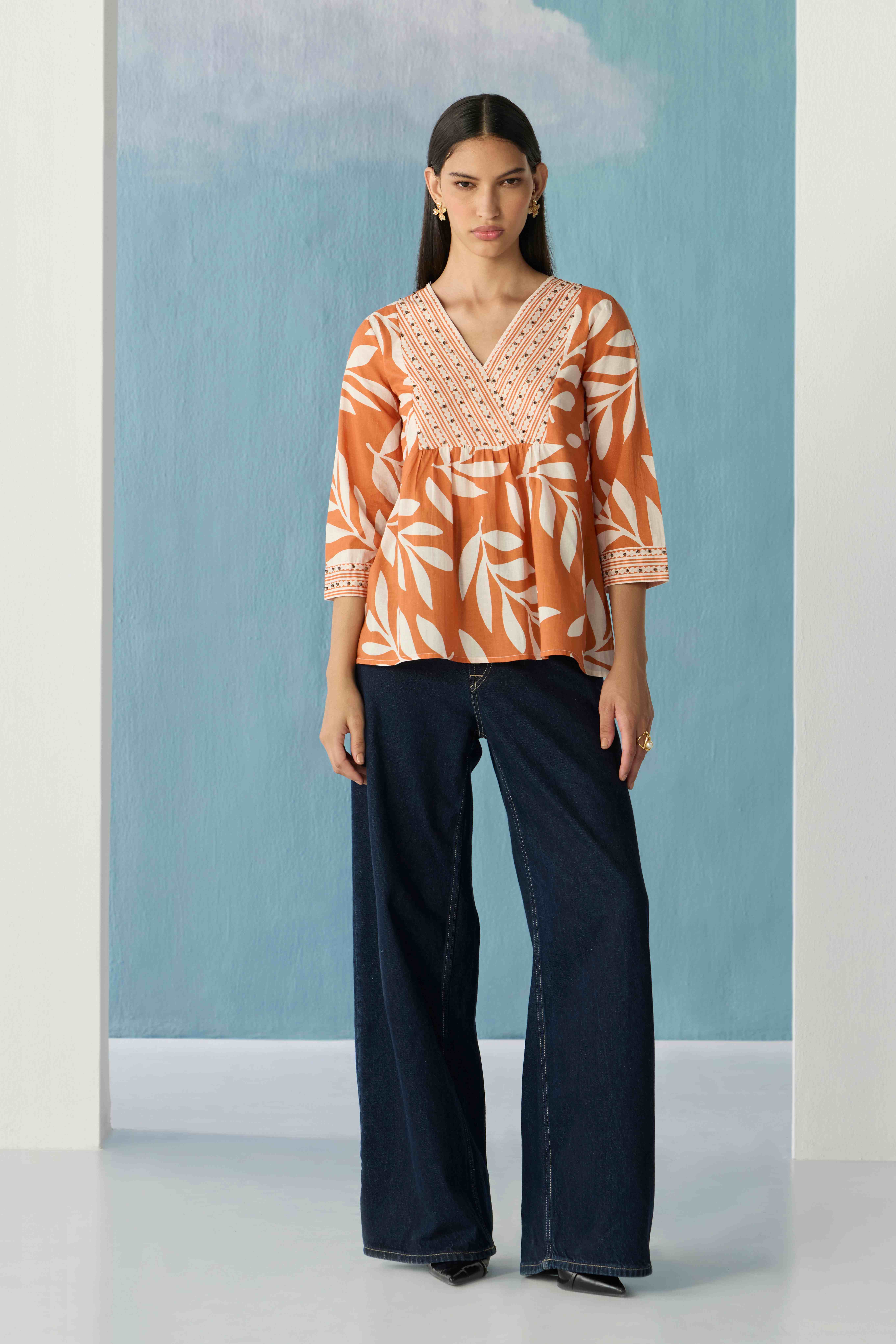 Burnt Orange Stencil Leaf Top
